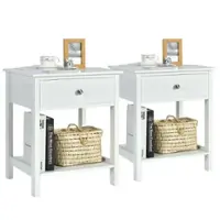 Costway - 2PCS 2-Tier Nightstand Modern Side End Table with  Drawer & Open Shelf - White - Front_Zoom
