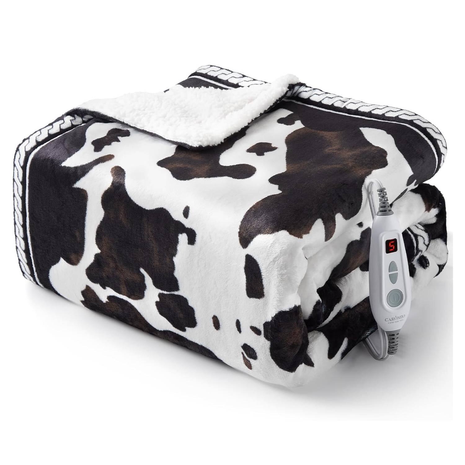 Acekool - 50"*60" Cow Print 10 Heat Levels Electric Heating Blanket, Machine Washable - Brown+White