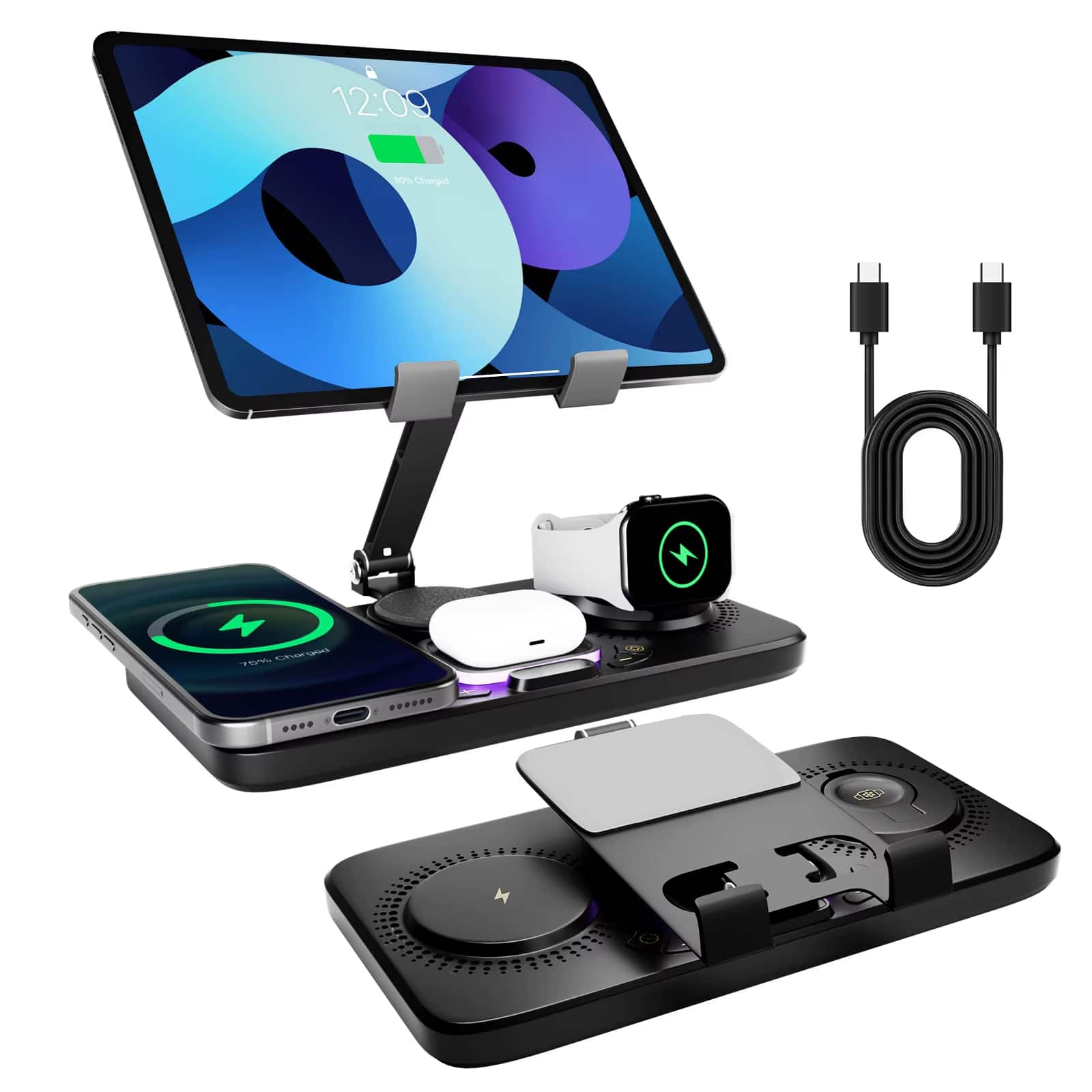 Luckbyte - 7-in-1 Wireless Charging Station for iPad, iPhone 16-8, Apple Watch & AirPods, Fast Charger with Clock & Night Lamp
