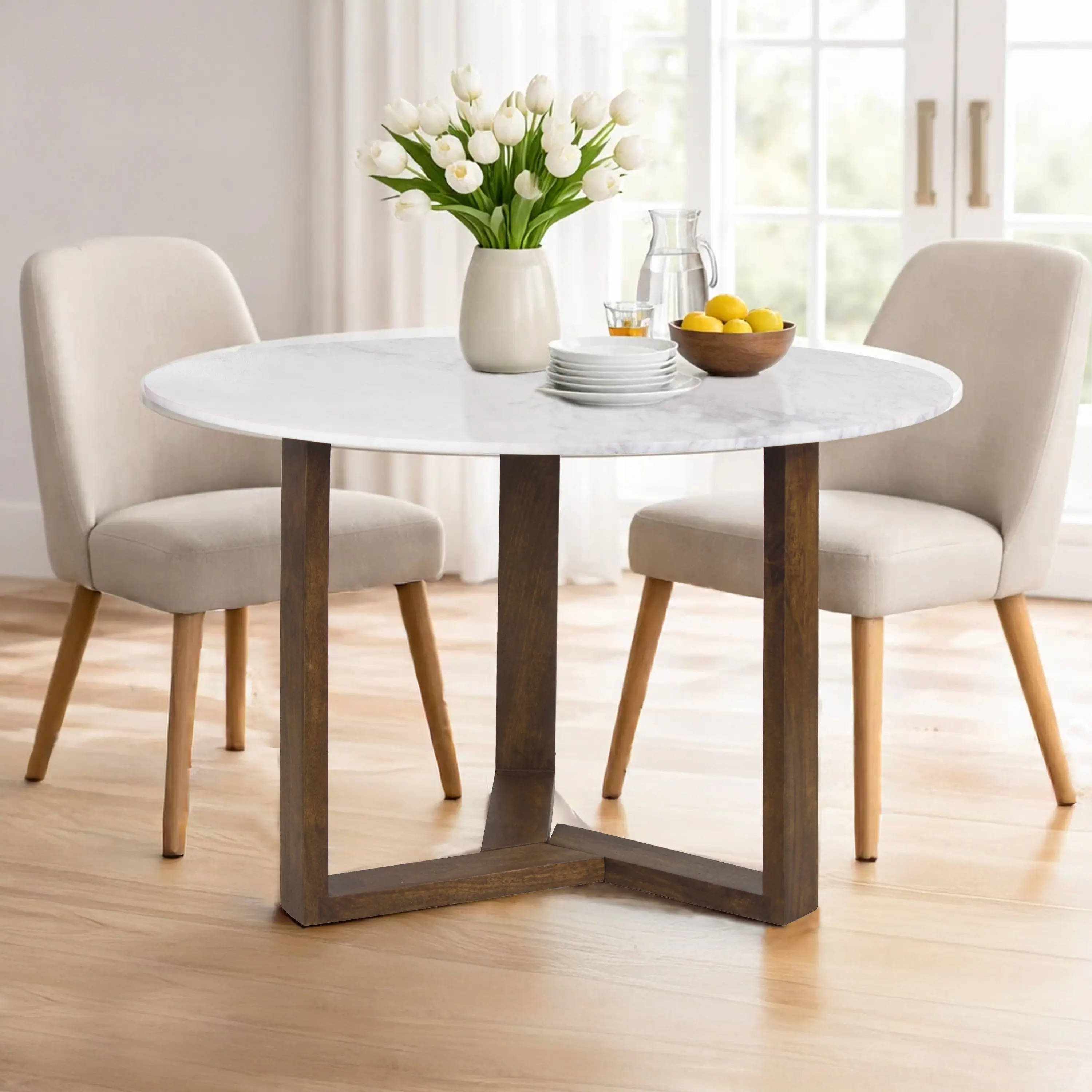 Alt View 8. Manhattan Lane - Fina 48 Inch Round Dining Table, White Genuine Marble Top, Natural Brown Mango Wood 3 Leg Sled Base - White, Natural Brown.