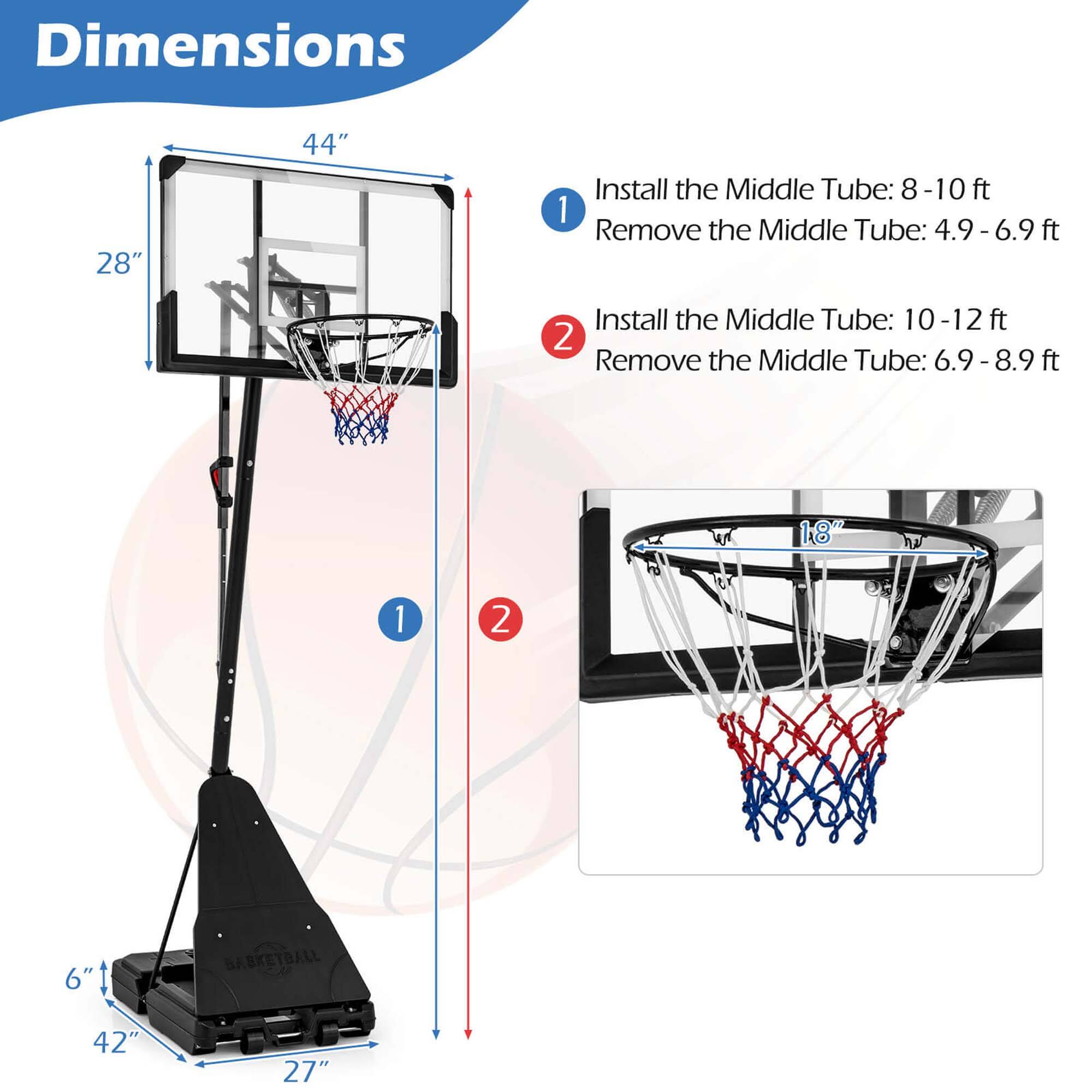 Dimensions  
28" x 44"  
6" x 42" x 27"  

1. Install the Middle Tube: 8-10 ft  
   Remove the Middle Tube: 4.9-6.9 ft  

2. Install the Middle Tube: 10-12 ft  
   Remove the Middle Tube: 6.9-8.9 ft