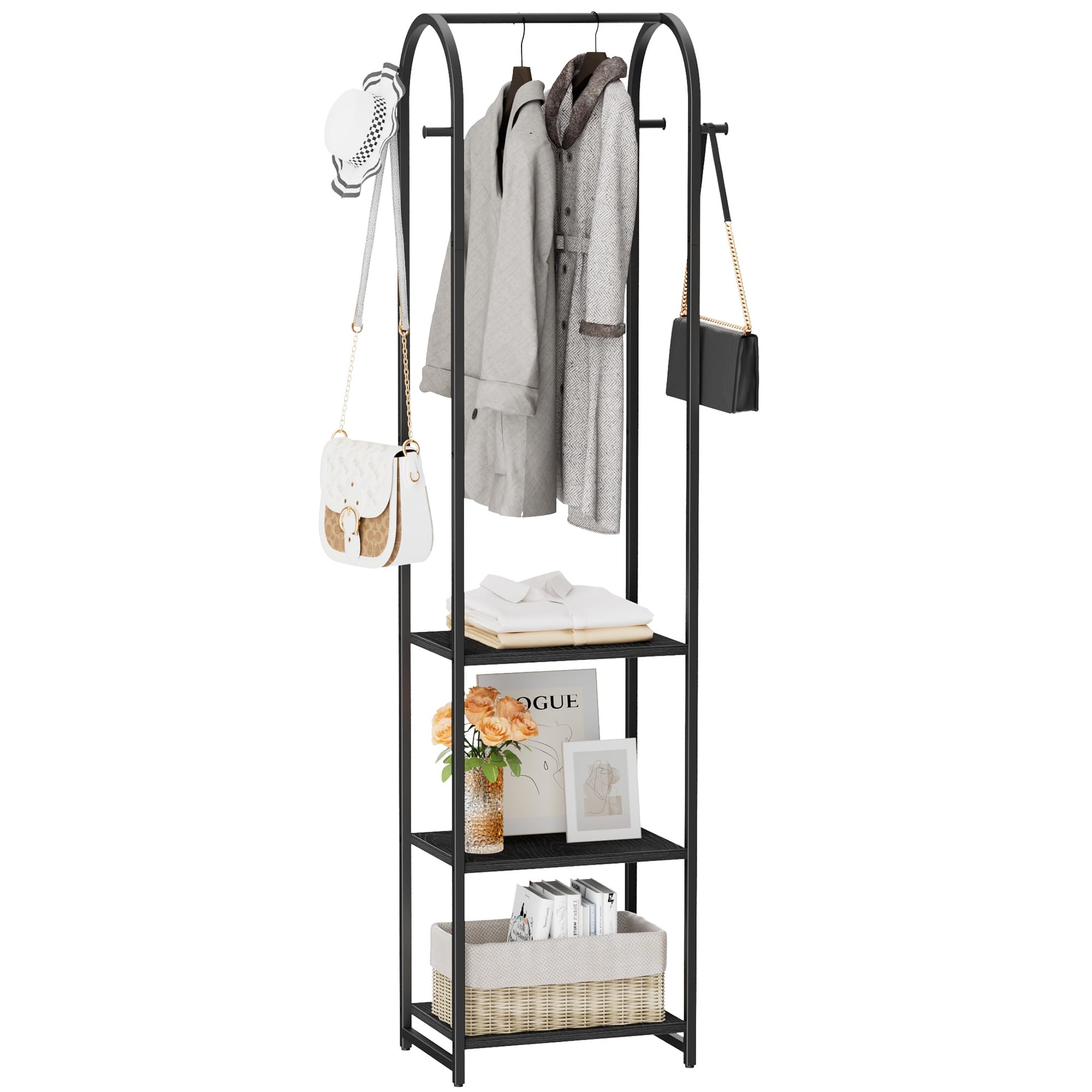 Black 3 Shelves + Arched Top + 1 Hanging Rod
