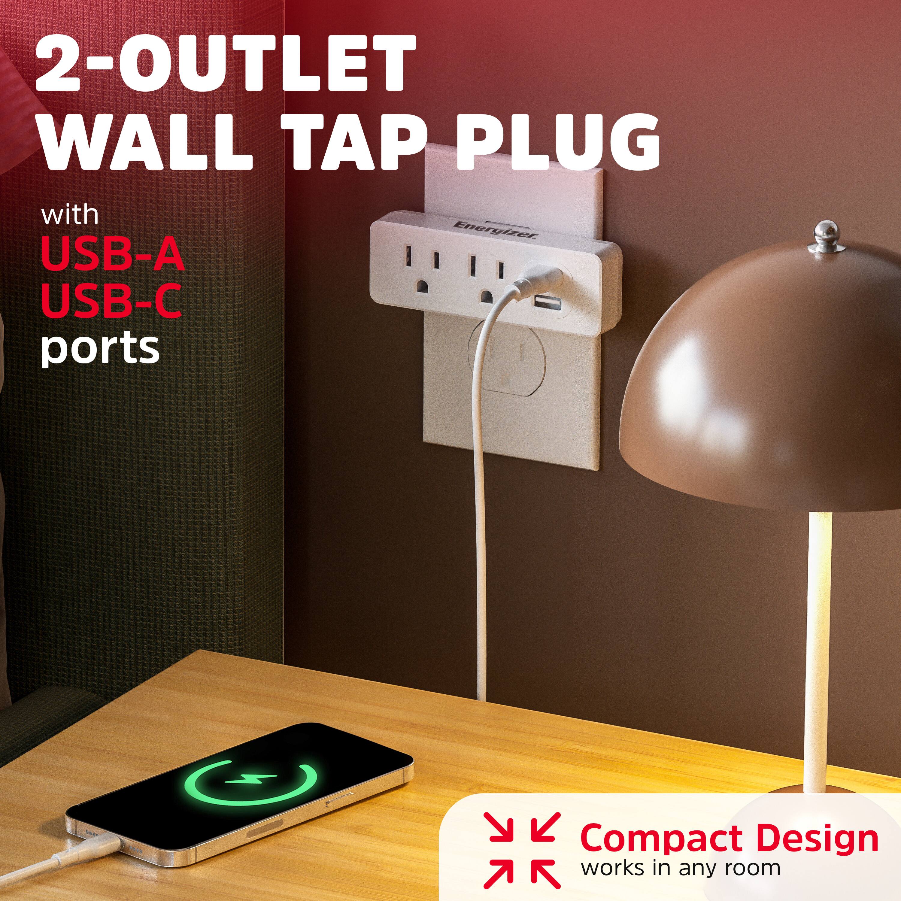 2-OUTLET WALL TAP PLUG  
with USB-A USB-C ports  

Compact Design  
works in any room