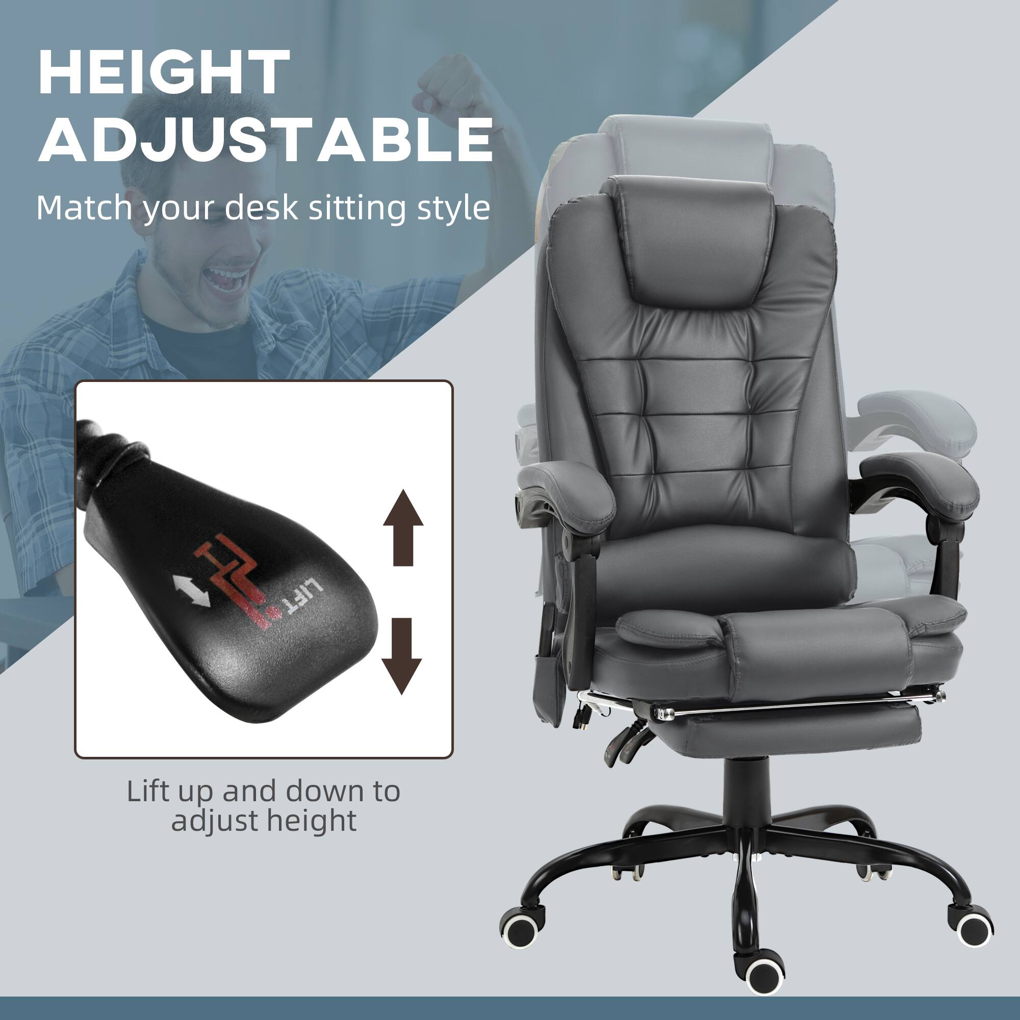 HEIGHT ADJUSTABLE
Match your desk sitting style

LIFT
Lift up and down to adjust height