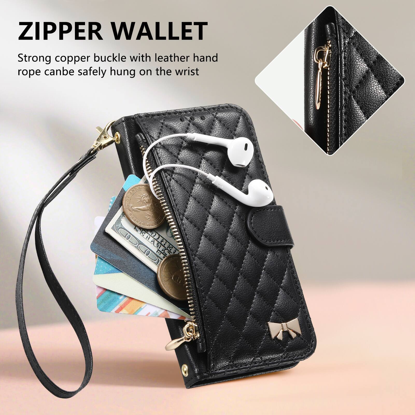 ZIPPER WALLET

Strong copper buckle with leather hand rope can be safely hung on the wrist