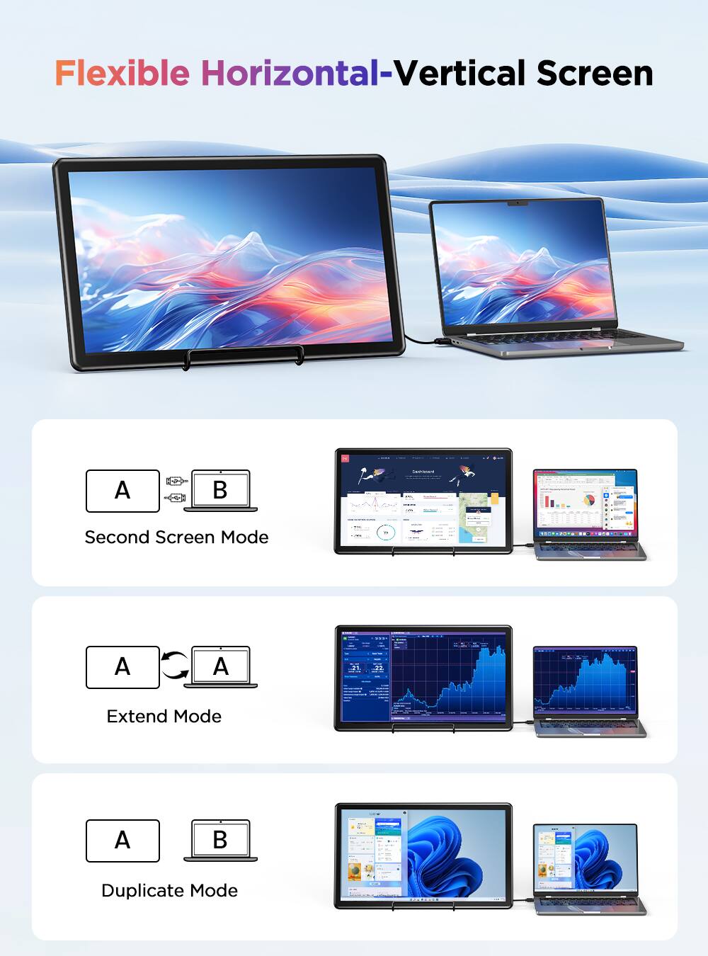 Flexible Horizontal-Vertical Screen

A

SYMUS
Second Screen Mode

A
B

Extend Mode

A
A

Duplicate Mode

A
B