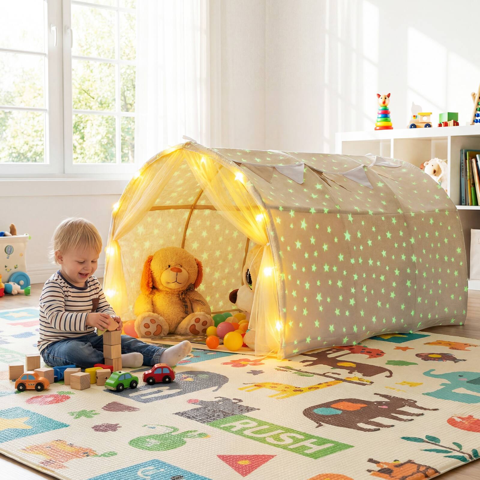 Alt View 3. Gymax - Gymax Kids Bed Tent Children Bed Canopy w/Glow in the dark Fabric Washable Flannel - Beige.