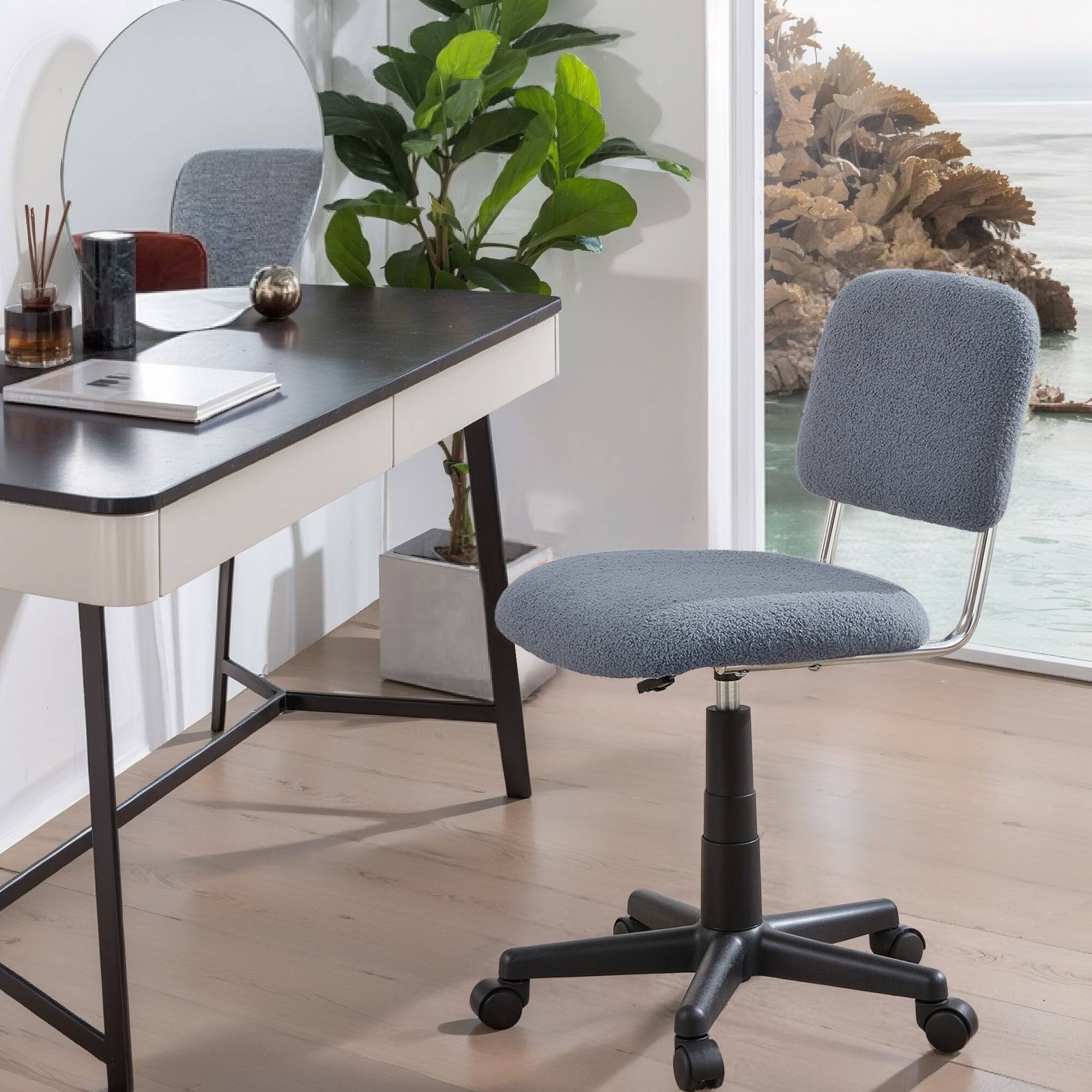 Back. Vecelo - Faux Fur Desk Chair with Adjustable Height - 360° Swivel Office Chair, Armless Sherpa Vanity Chair with Rolling Casters - Grey.
