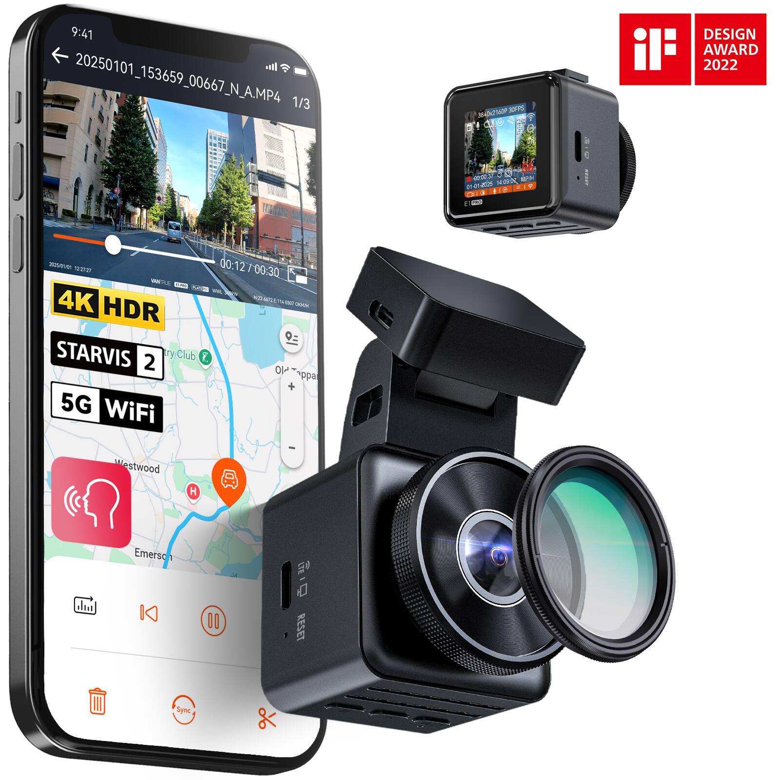 Vantrue - E1 PRO 4K 30FPS HDR Mini Front Dashcam, STARVIS 2, Night Vision, Parking Mode, 5GHz Wi-Fi&GPS - Black