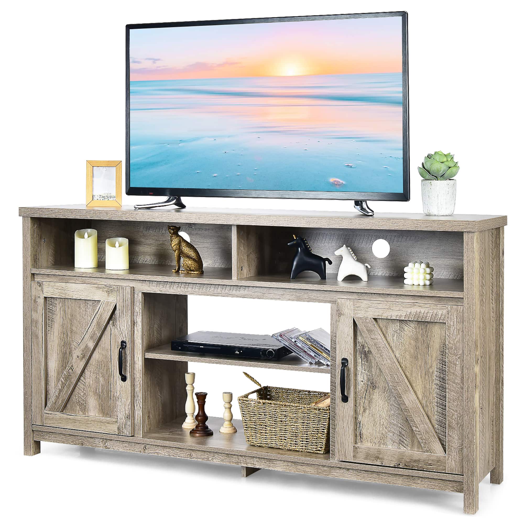 Costway - 59" TV Stand Media Center Console Cabinet w/ Barn Door for TV's 65" - Natural