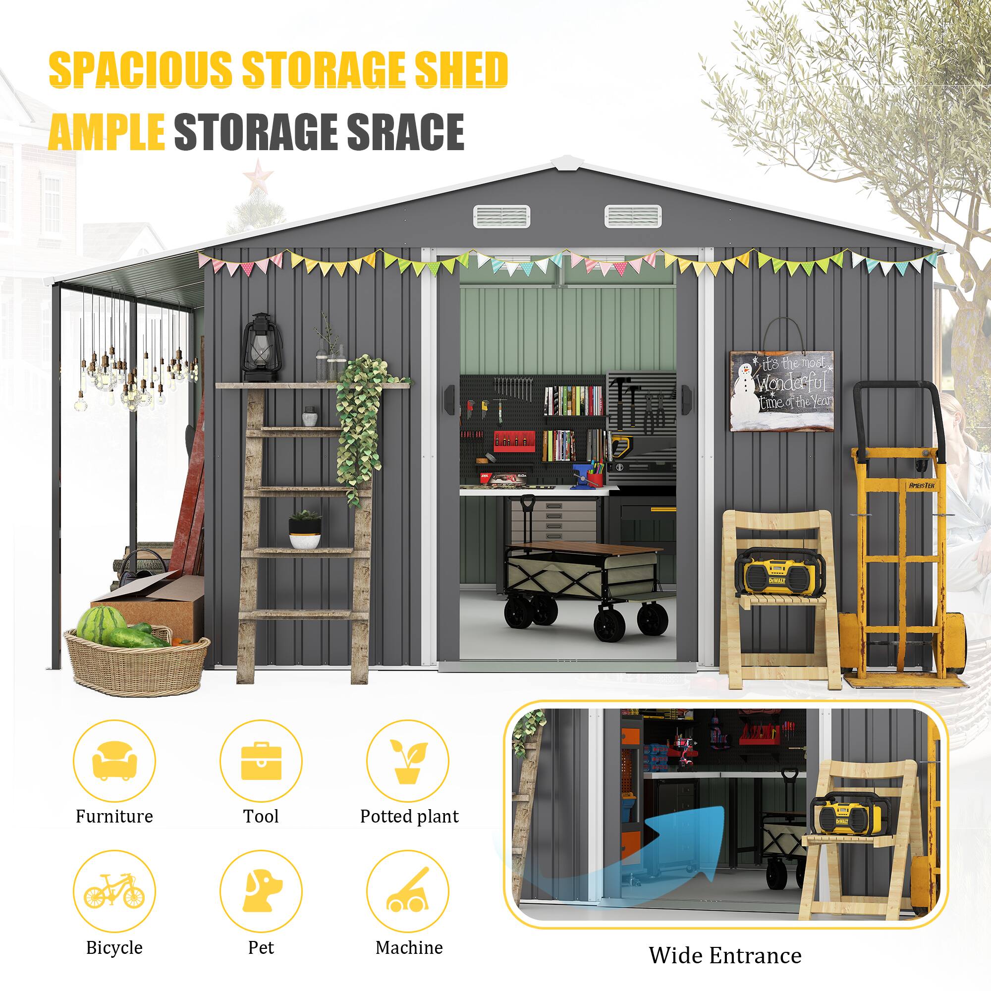 Angle. TinyHomie - 10x12 FT Outdoor Storage Shed Extra Large Metal Shed with Lockable Doors Windows Outside Steel Tiny House.
