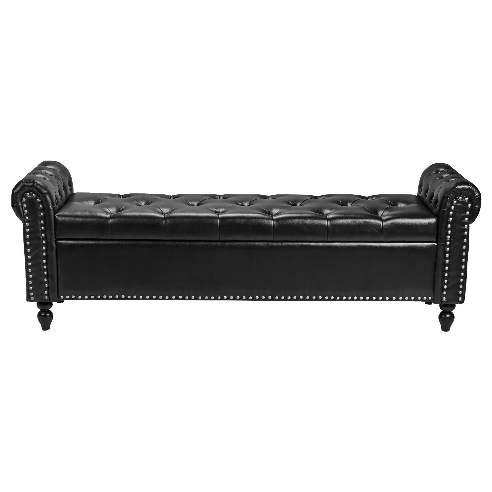 Alt View 5. VEVOR - Button-Tufted Storage Ottoman Bench, Rolled Arm PU Leather Bench with Solid Wood Legs, Modern Shoe Benches Seat - Black.