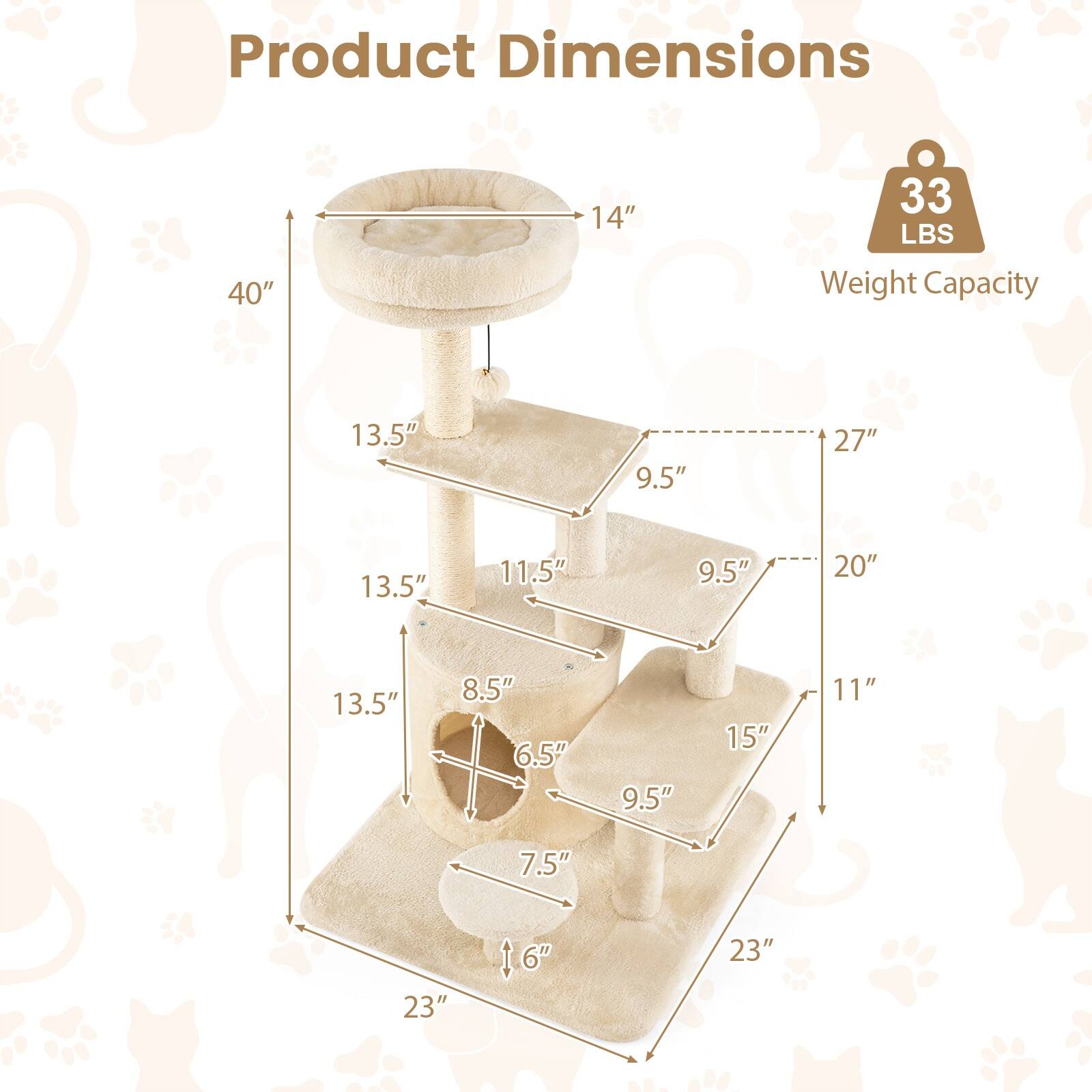Product Dimensions: 40" x 14" x 33"  
Weight Capacity: 33 LBS  
Dimensions: 13.5" x 9.5" x 27" x 13.5" x 11.5" x 9.5" x 20" x 13.5" x 8.5" x 6.5" x 9.5" x 15" x 11" x 7.5" x 23" x 6" x 23"