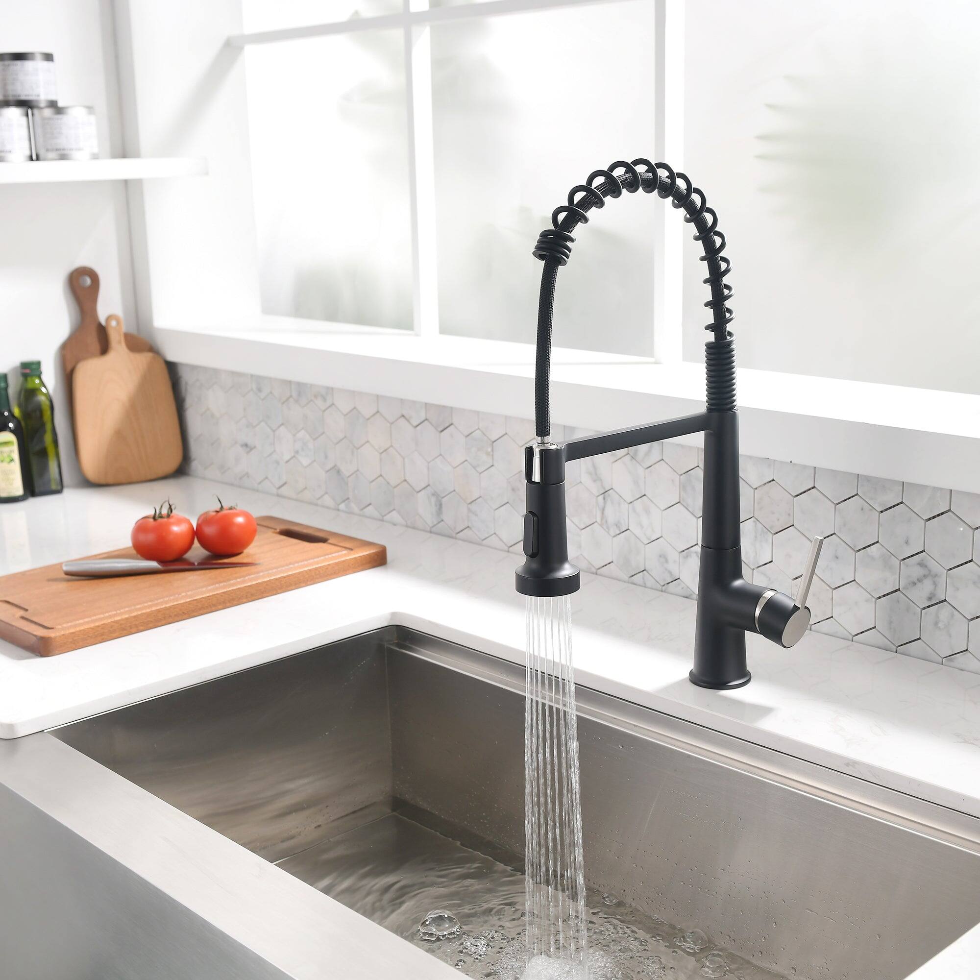 Alt View 3. Boyel Living - Matte Black 2 Spray Patterns 1.8 GPM Single Handle No Sensor Pull Down Sprayer Kitchen Faucet - Matte Black.