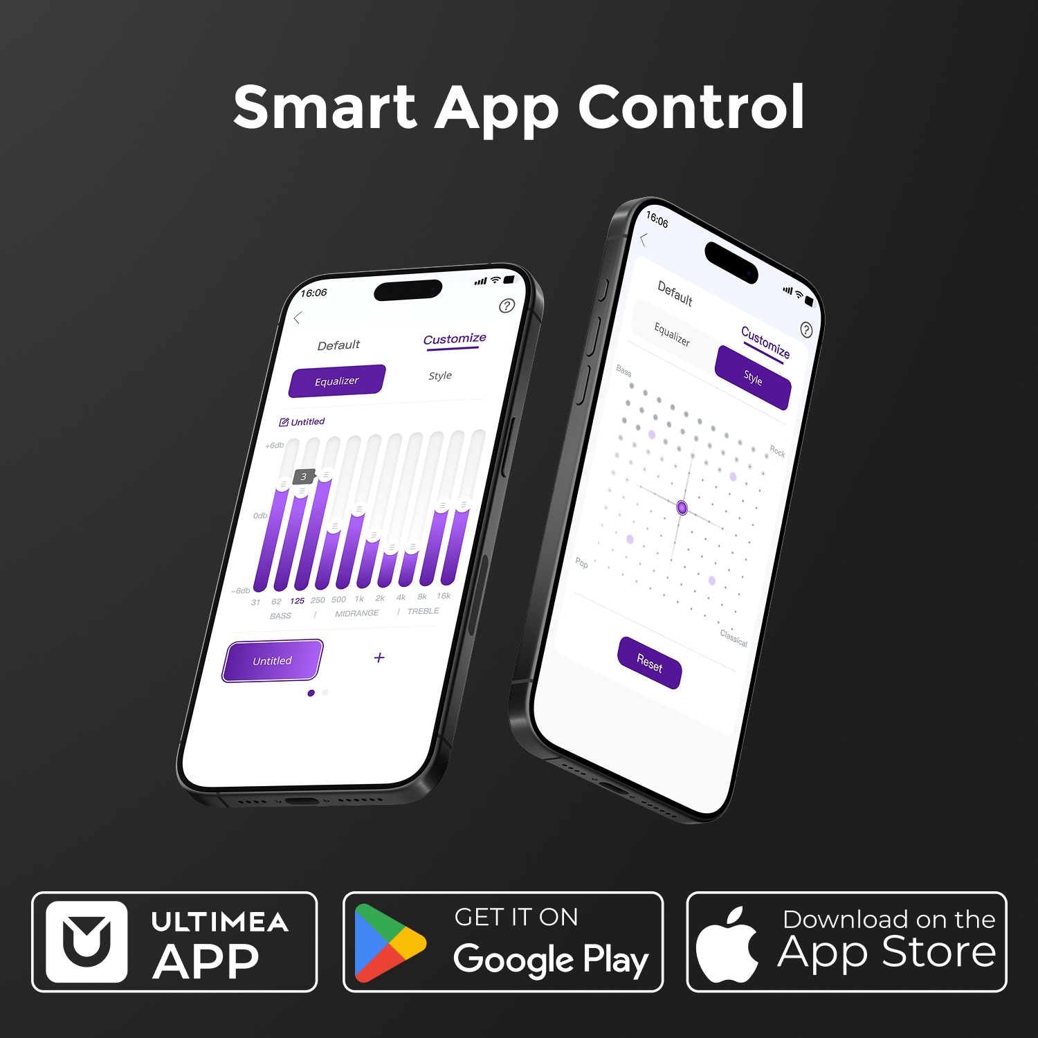 Smart App Control

Default Equalizer  
Customize Style

Untitled  
BASS | MIDRANGE | TREBLE

Reset  
Customize Style

ULTIMEA APP

GET IT ON Google Play  
Download on the App Store