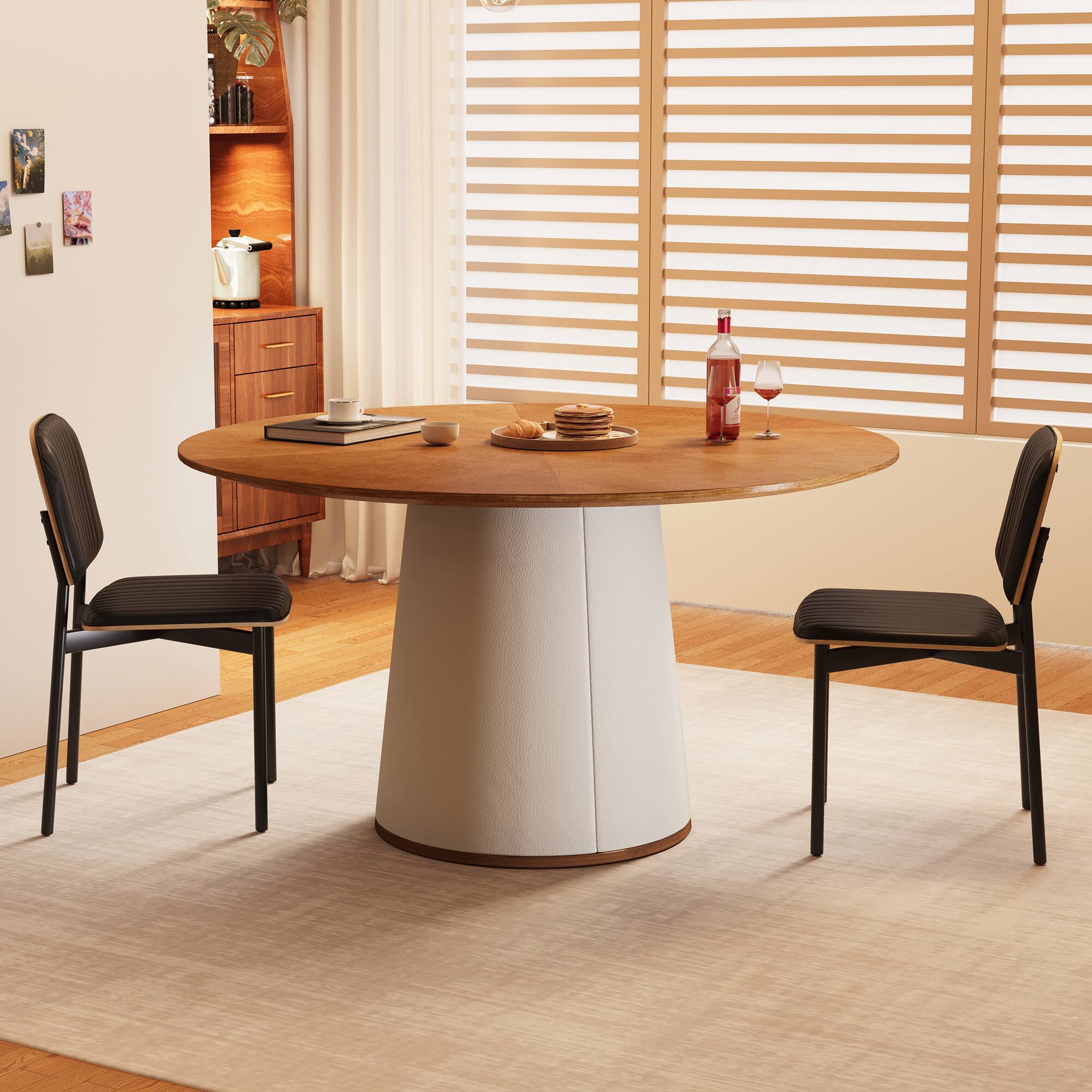 Back. luck idea - Mid-Century Modern Round Dining Table , 59" Round Kitchen Table for 6-8 Persons, Stylish Dining Room Furniture - Walnut color.