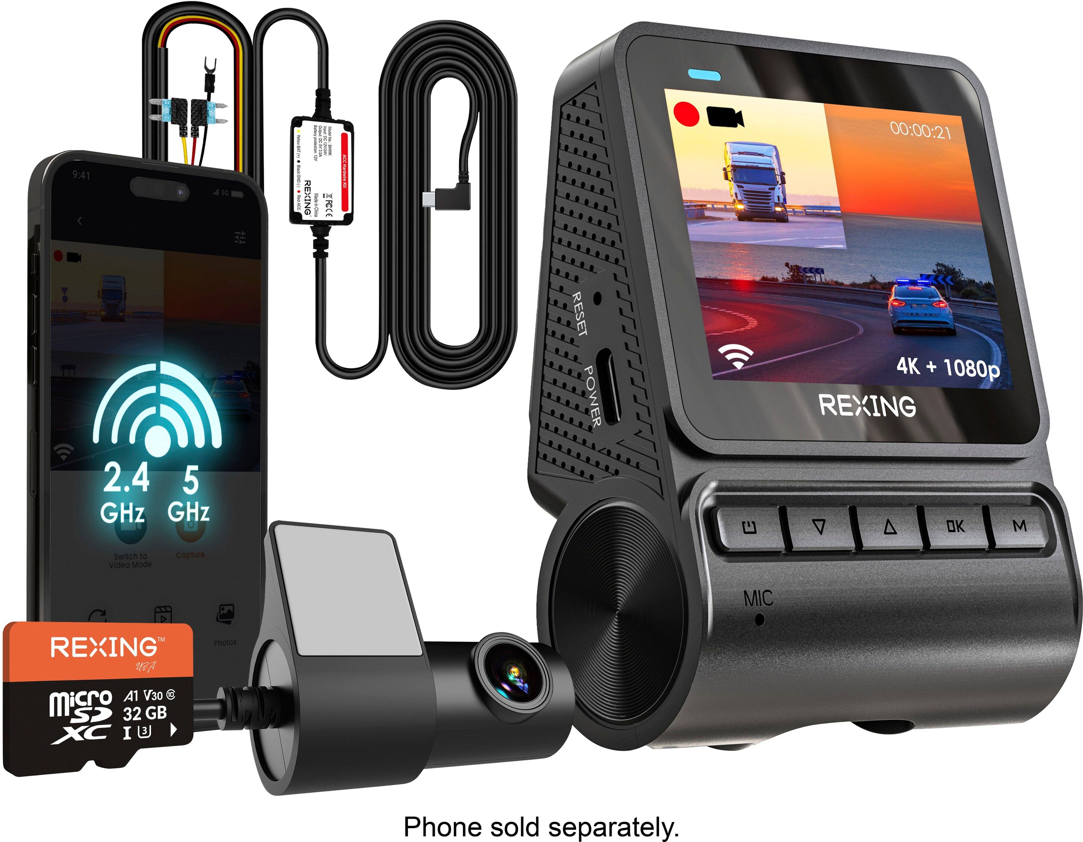 The image shows a REXING phone sold separately, along with a 32 GB micro SD card and a 2.4 GHz wireless camera. The phone is connected to the camera, and there is a 5 GHz switch to toggle between 4K and 1080p video modes. The image also features a car on the screen, which might be related to the camera's purpose or simply an image on the phone.