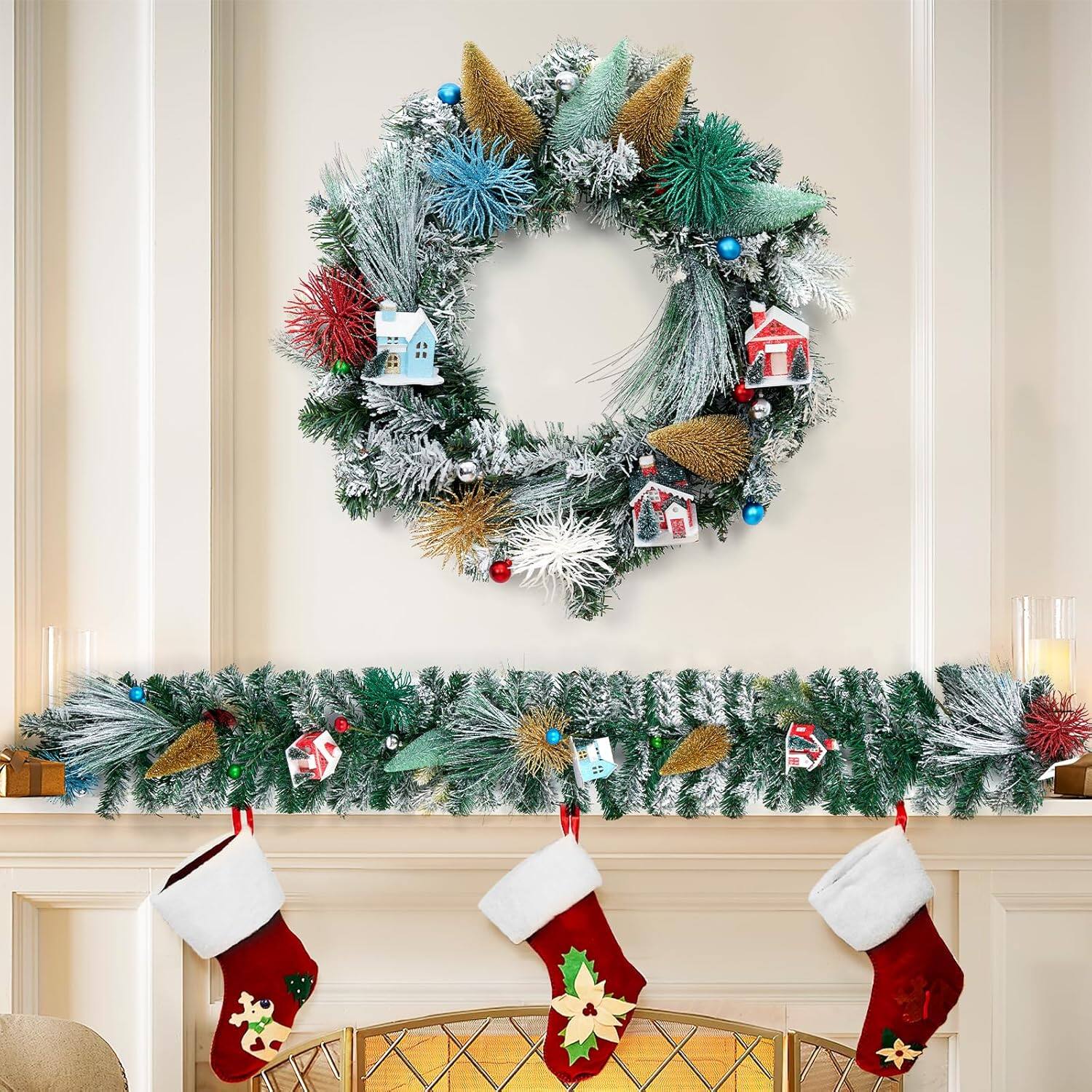 Alt View 3. Jojoka - 24-in Green Christmas Village Wreath for Indoor Outdoor Holiday Decorations - Green.