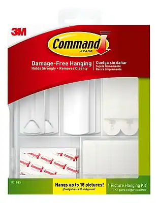 3M Command Brand
Damage-Free Hanging
Cuelga sin dañar
Holds Strongly • Removes Cleanly
Sujeta firmemente • Retira limpiamente
Hangs up to 15 pictures!
Cuelga hasta 15 imágenes!
1 Picture Hanging Kit
1 Kit para colgar cuadros
17213-ES