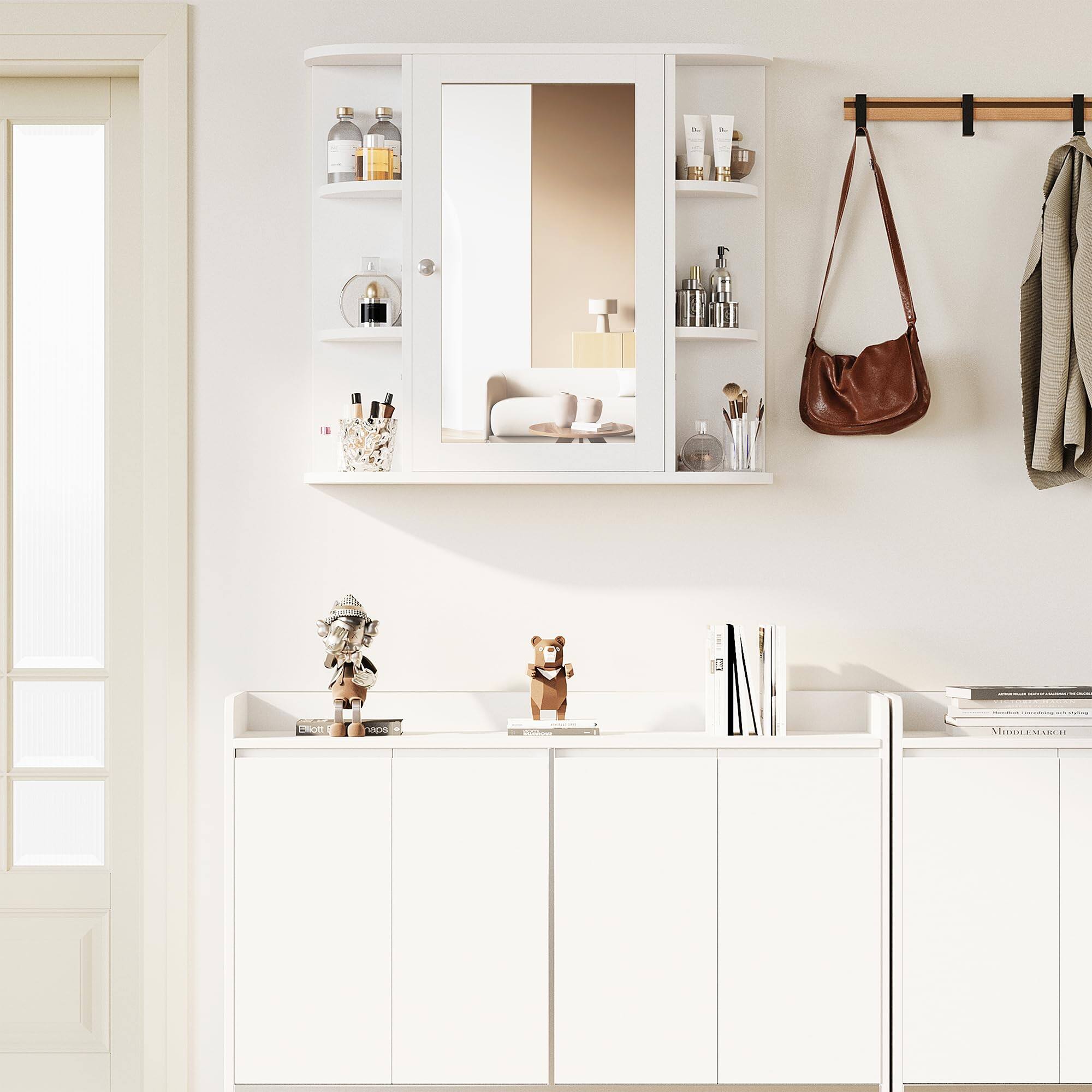 Left. Hirose Alice - Wall Cabinet With Mirror Mounted Cabinets 4 Internal And 6 Open Shelves Mirrored Door Over The Toilet Storage Solid - Solid White.