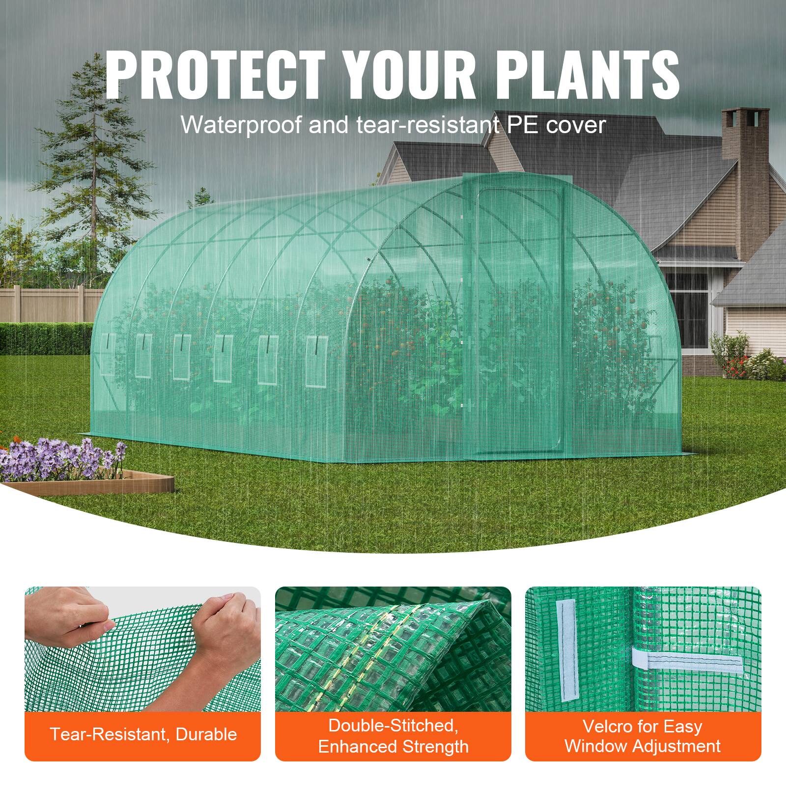 PROTECT YOUR PLANTS
Waterproof and tear-resistant PE cover

Tear-Resistant, Durable
Double-Stitched, Enhanced Strength
Velcro for Easy Window Adjustment