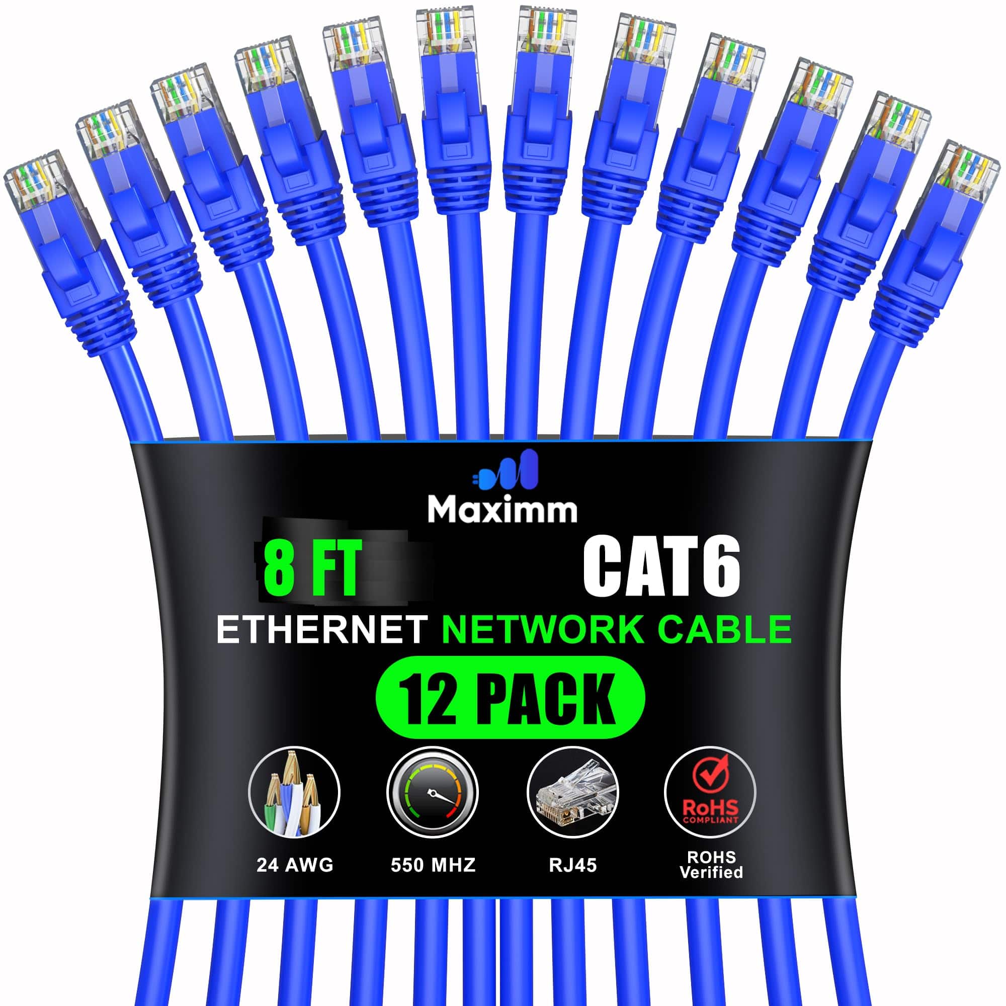 Maximm - Cat 6 Ethernet Cable 8 ft (12-Pack) - UTP, 10Gbps, 550MHz