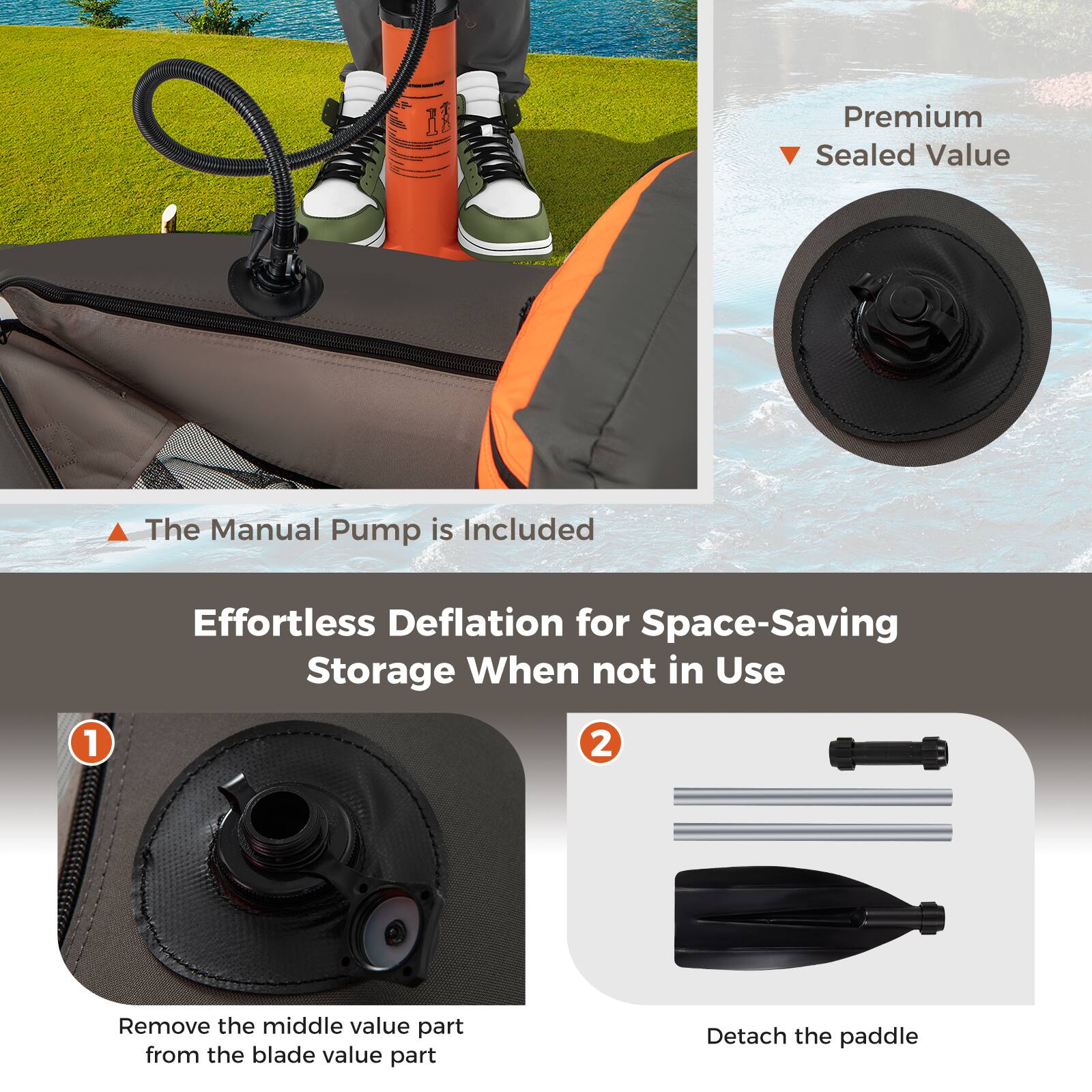 Premium Sealed Value  
The Manual Pump is Included  

Effortless Deflation for Space-Saving Storage When not in Use  

1. Remove the middle valve part from the blade valve part  
2. Detach the paddle