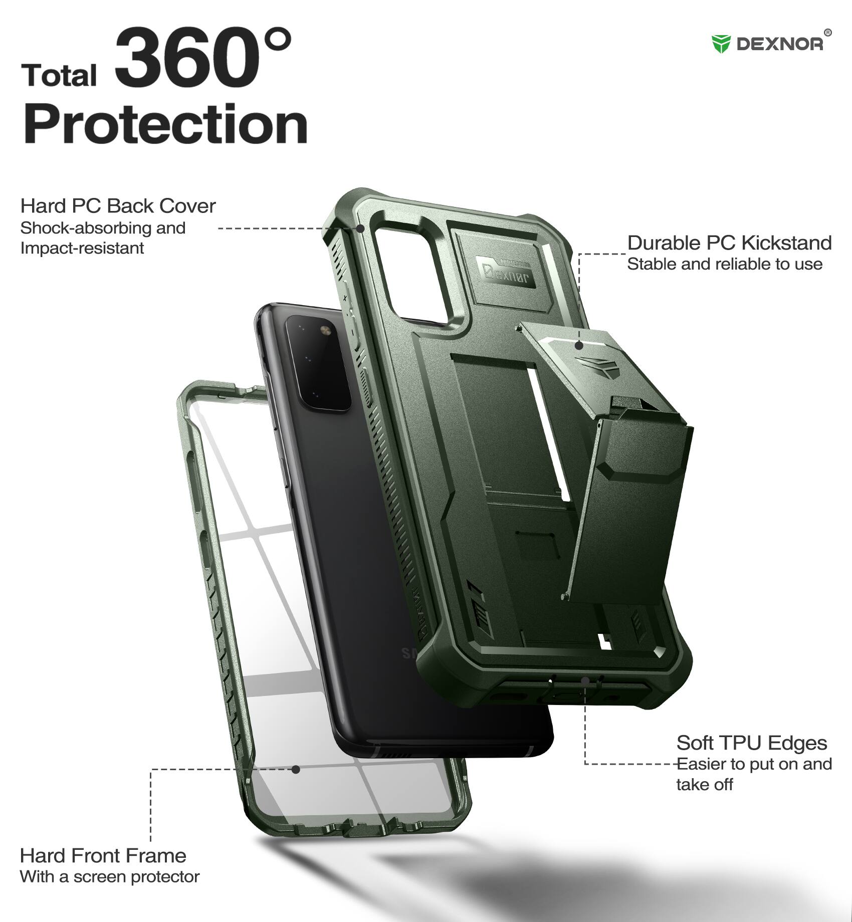 Total 360° Protection

- Hard PC Back Cover
  - Shock-absorbing and Impact-resistant

- Durable PC Kickstand
  - Stable and reliable to use

- Soft TPU Edges
  - Easier to put on and take off

- Hard Front Frame
  - With a screen protector