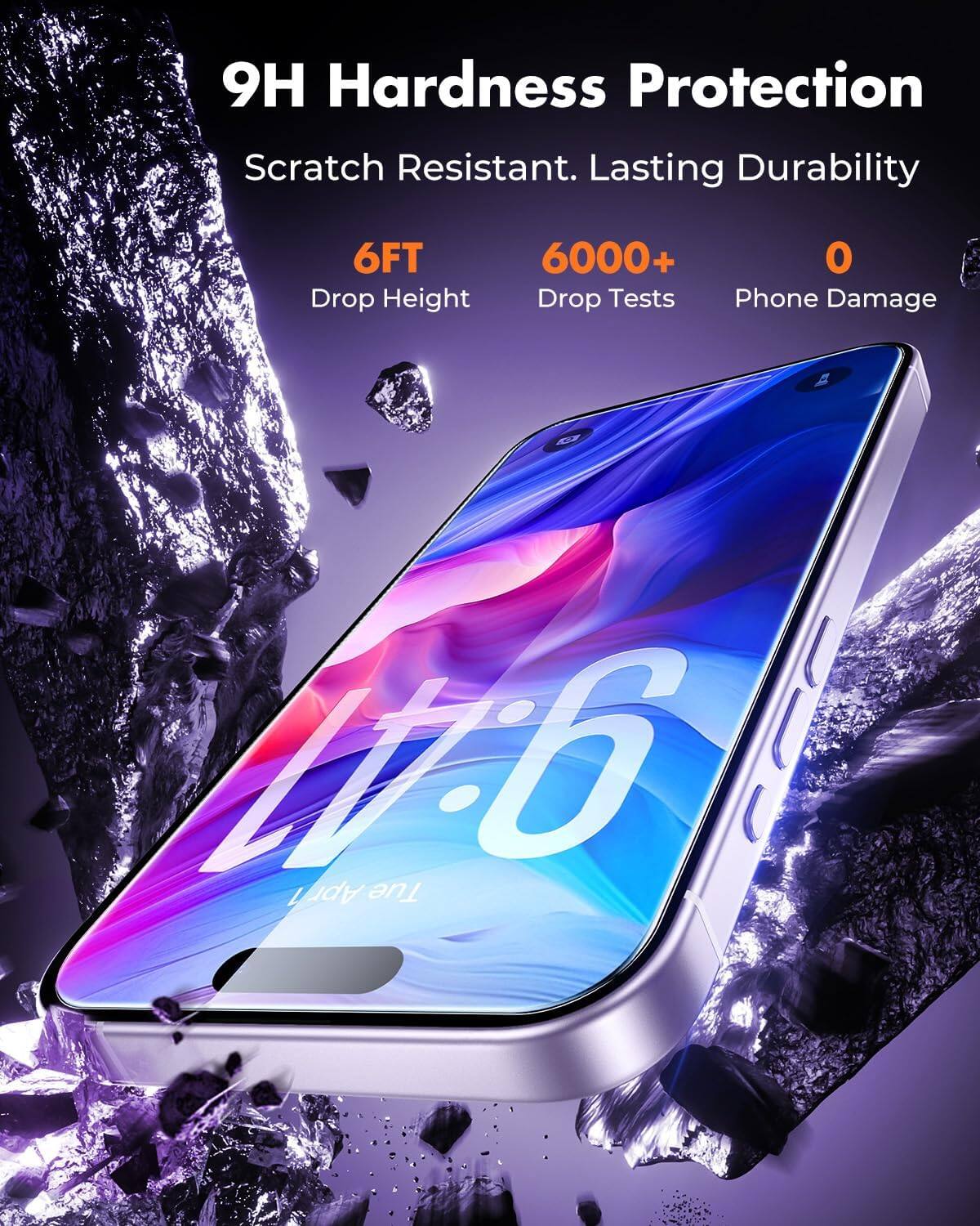 9H Hardness Protection  
Scratch Resistant. Lasting Durability  
6FT Drop Height  
6000+ Drop Tests  
0 Phone Damage