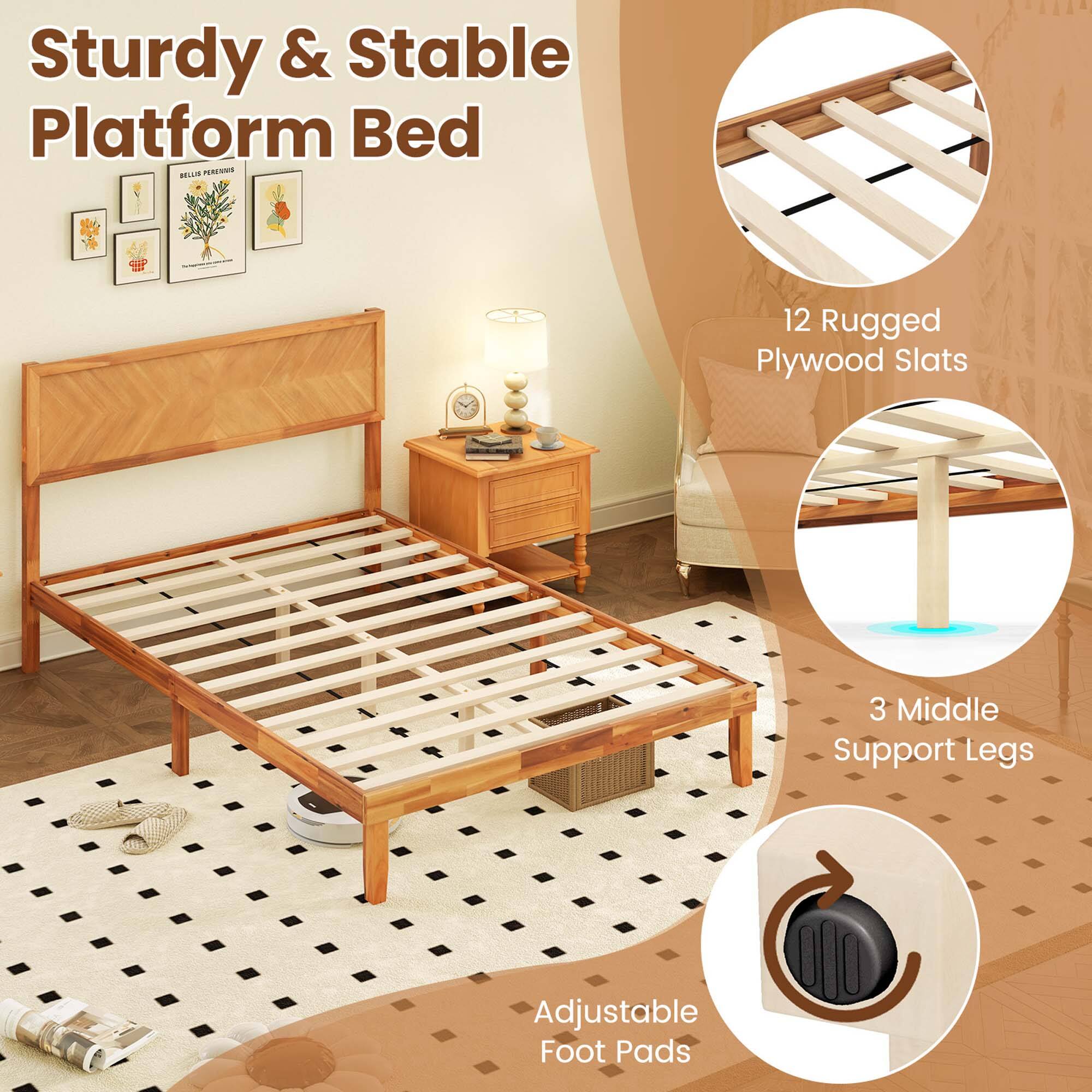 Sturdy & Stable Platform Bed

12 Rugged Plywood Slats
3 Middle Support Legs
Adjustable Foot Pads