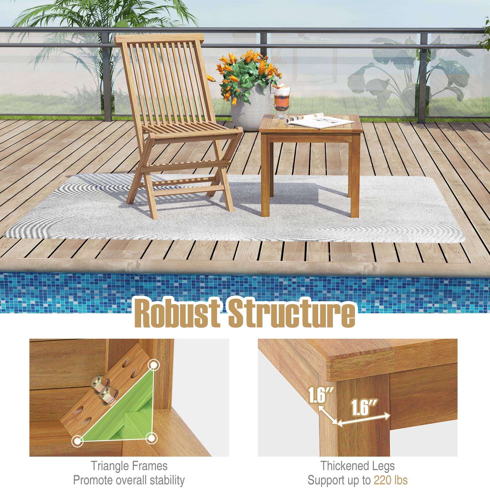 Robust Structure

1.6" Triangle Frames Promote overall stability

1.6" Thickened Legs Support up to 220 lbs
