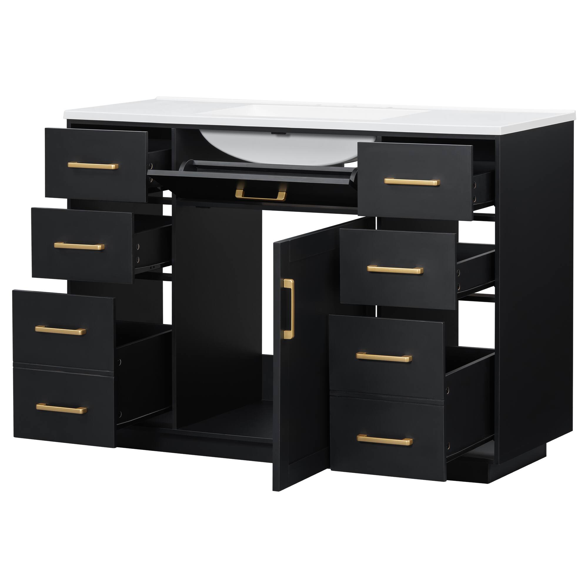 Alt View 5. JUJABU - Freestanding 48'' Black Bathroom Vanity with Sink Top,7 Drawers,1 Door and Soft Close Hinges - Black.