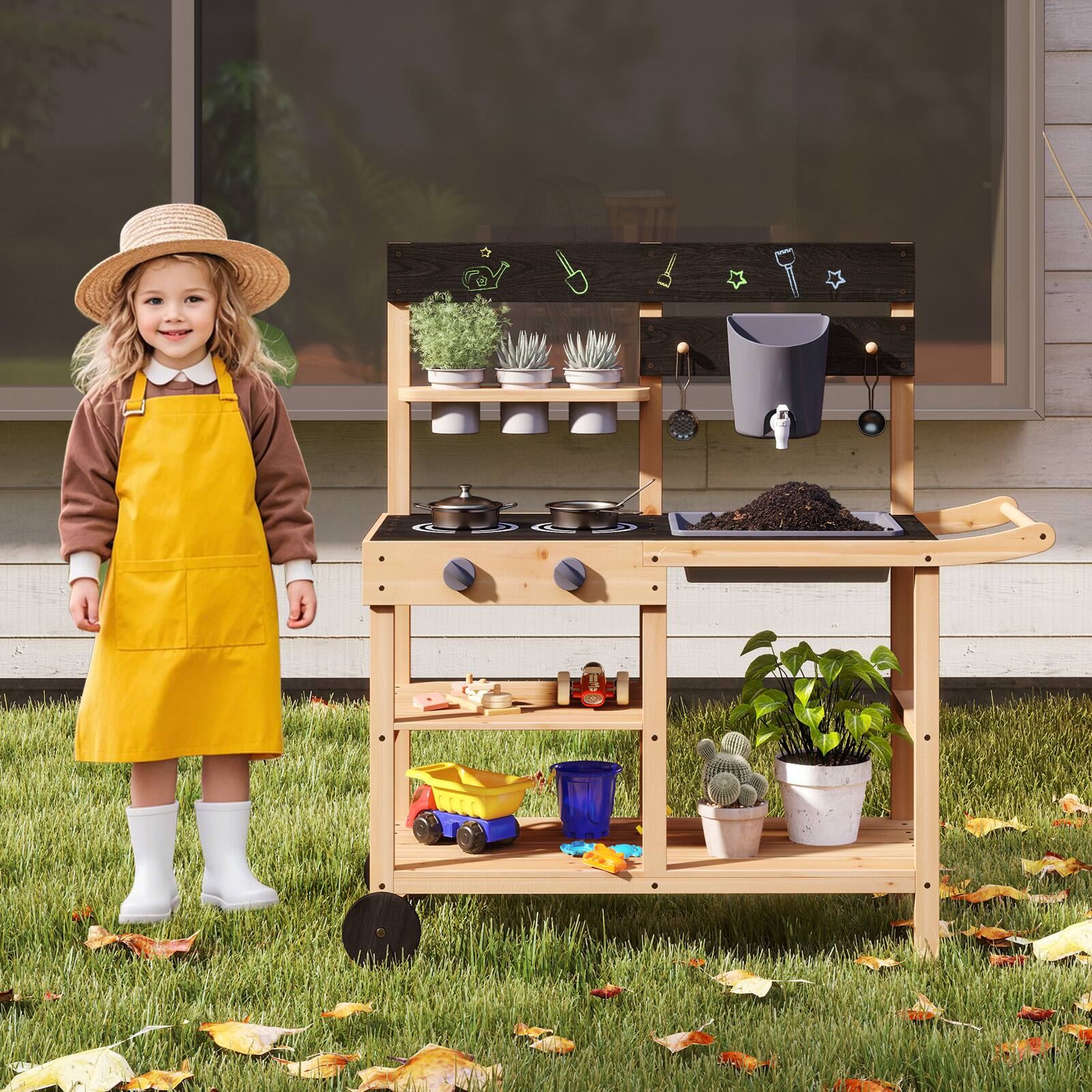 Alt View 1. Gymax - Gymax Mud Kitchen w/ Wheels Outdoor Fir Wood Play Kitchen w/ Blackboard,Planting Pots - Mix Gray.