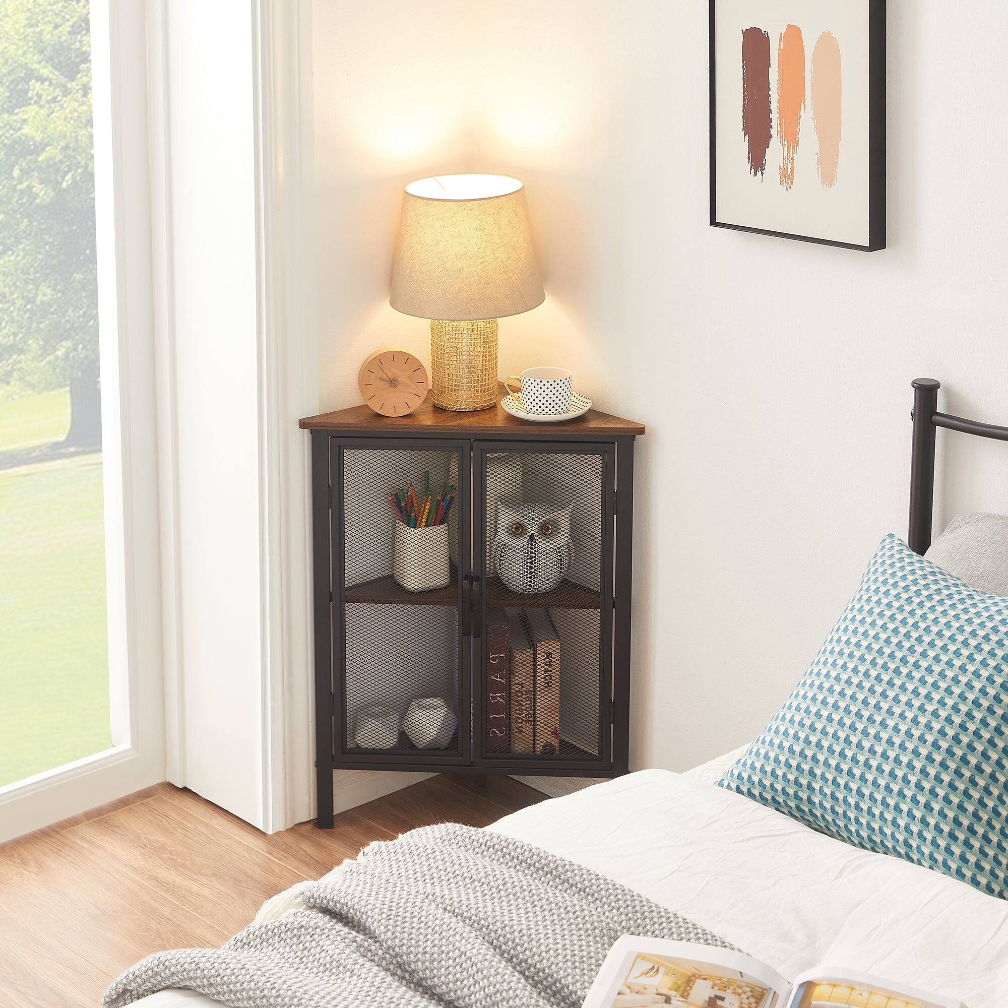 Alt View 1. Vecelo - Triangle Corner Storage Cabinet with Doors, Small Corner Cabinet with Shelves for Bathroom,Entryway - Brown.