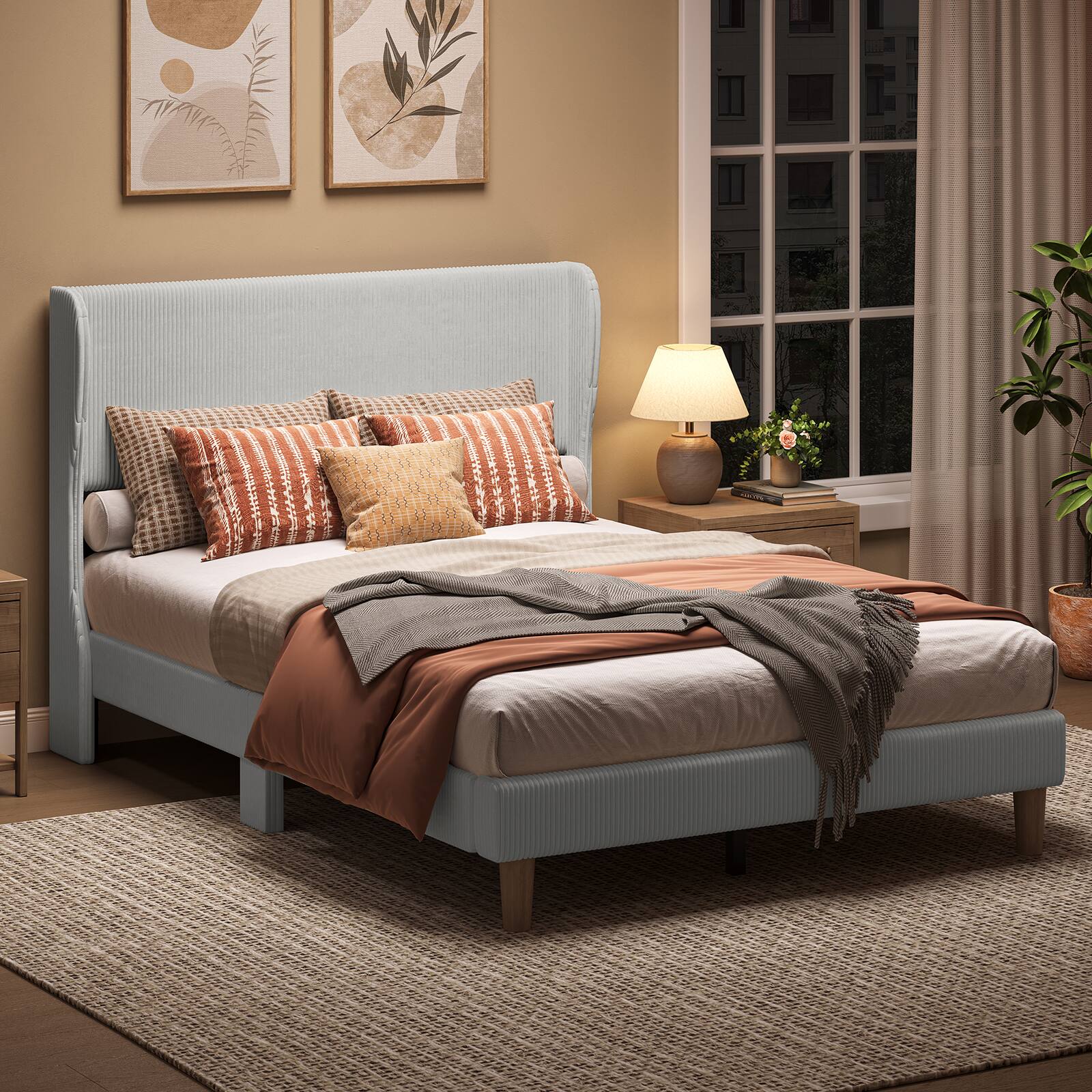 Back. Bestier - Wood Frame Corduroy Upholstered Platform Bed Frame with Wingback Headboard - Light Grey.