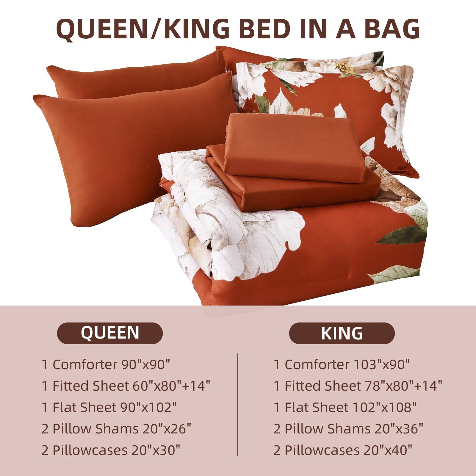 QUEEN/KING BED IN A BAG

QUEEN
- 1 Comforter 90"x90"
- 1 Fitted Sheet 60"x80"+14"
- 1 Flat Sheet 90"x102"
- 2 Pillow Shams 20"x26"
- 2 Pillowcases 20"x30"

KING
- 1 Comforter 103"x90"
- 1 Fitted Sheet 78"x80"+14"
- 1 Flat Sheet 102"x108"
- 2 Pillow Shams 20"x36"
- 2 Pillowcases 20"x40"