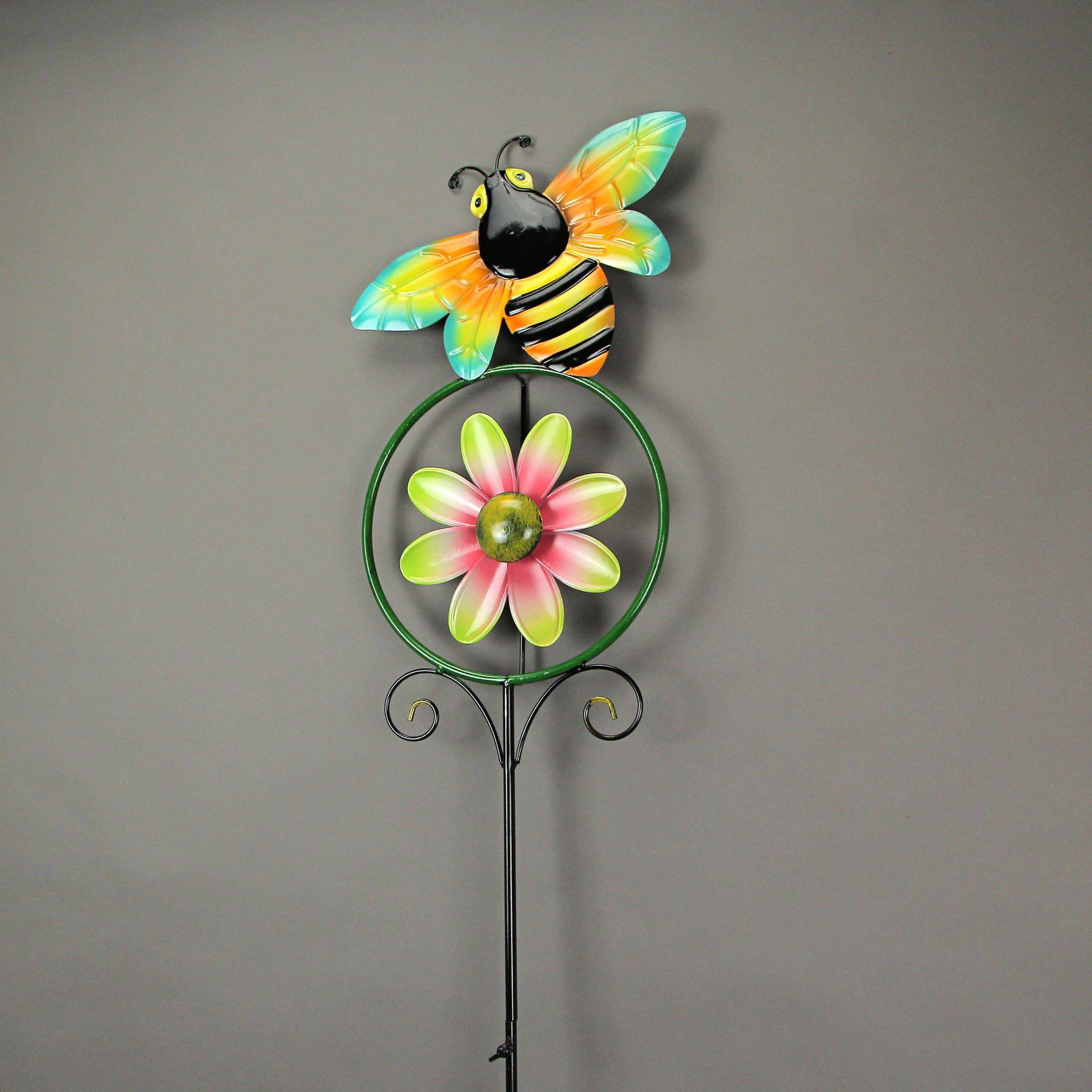 Alt View 1. Direct International - 55 Inch Bumble Bee Flower Kinetic Wind Spinner Garden Stake Yard Decor Pinwheel - Multicolored.