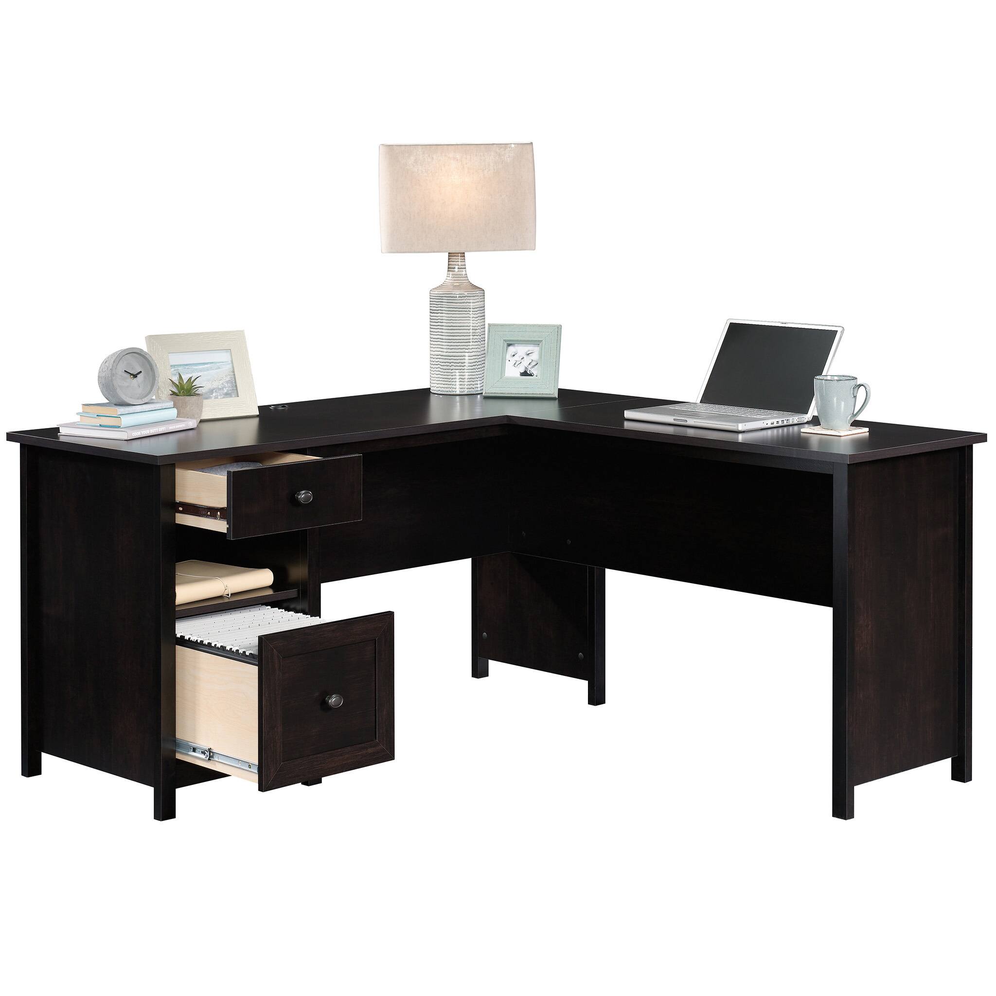 Angle. Spaco - Compact Computer L-Shaped Desk, Metal Frame, Storage Drawer, Small Space Solution - Black.