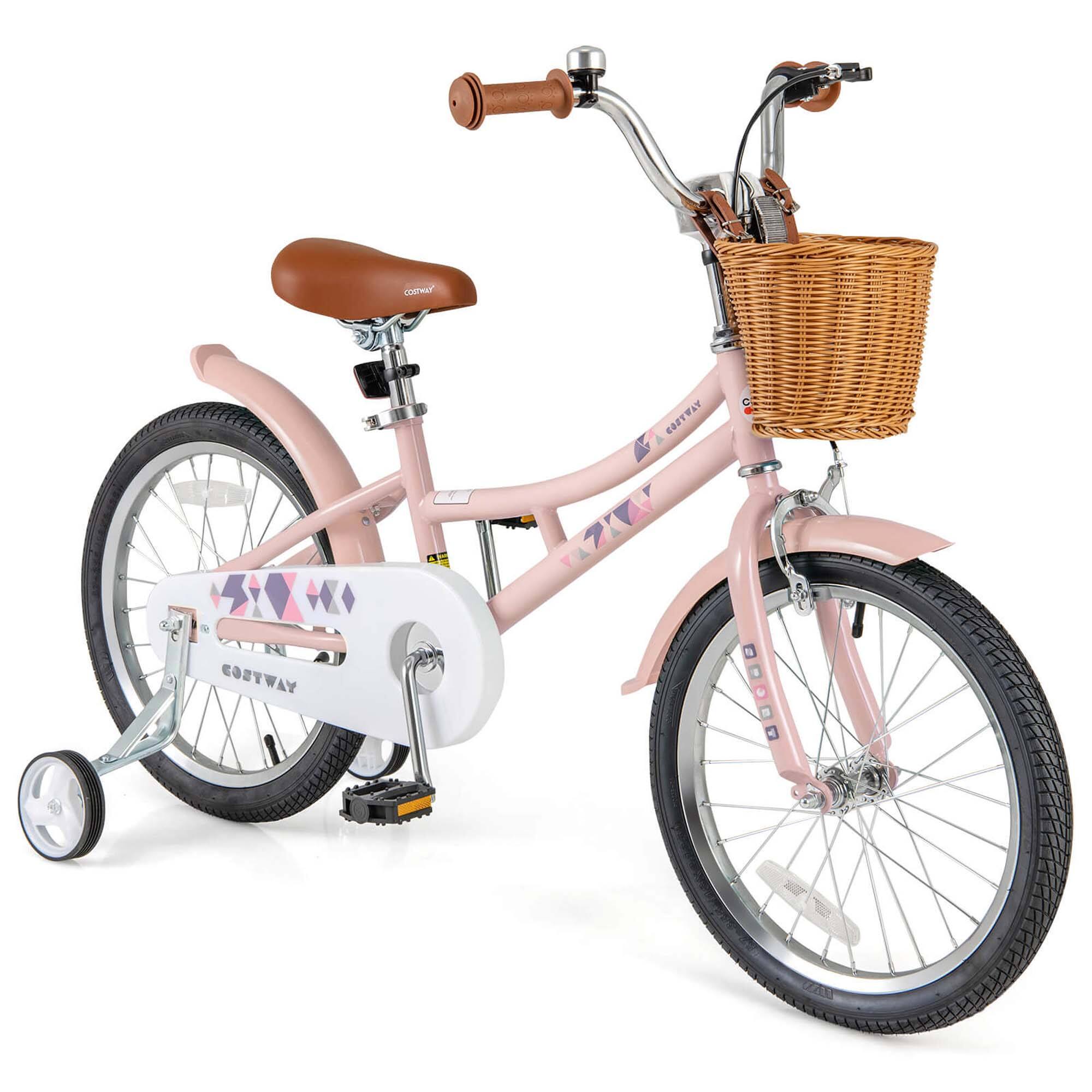Costway - 18" Kids Bike with Height Adjustable Handlebar Seat Basket Bell Training Wheels - Pink