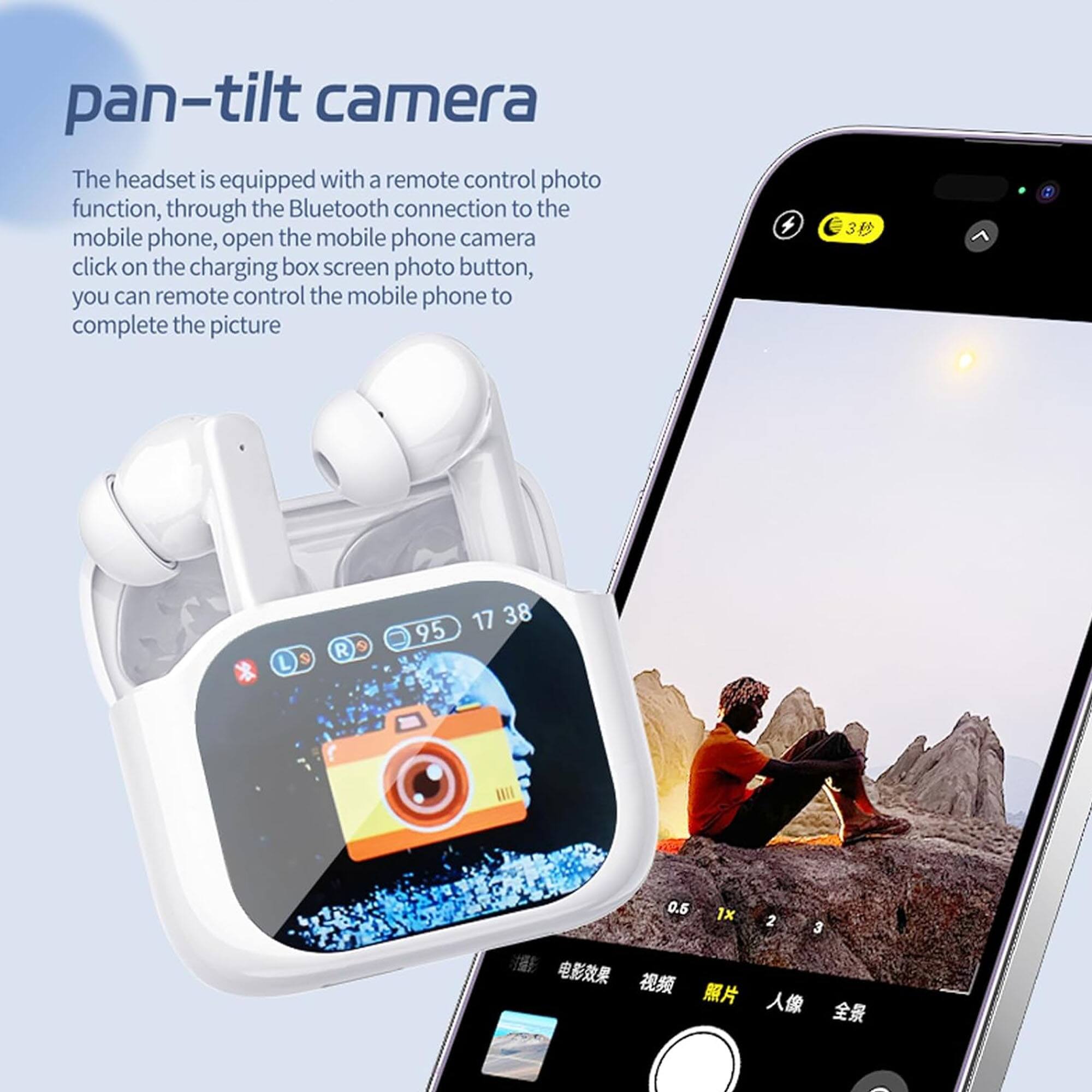 pan-tilt camera

The headset is equipped with a remote control photo function, through the Bluetooth connection to the mobile phone, open the mobile phone camera click on the charging box screen photo button, you can remote control the mobile phone to complete the picture

4 3 1 L R 95 17 38 0.5 1X 2 3