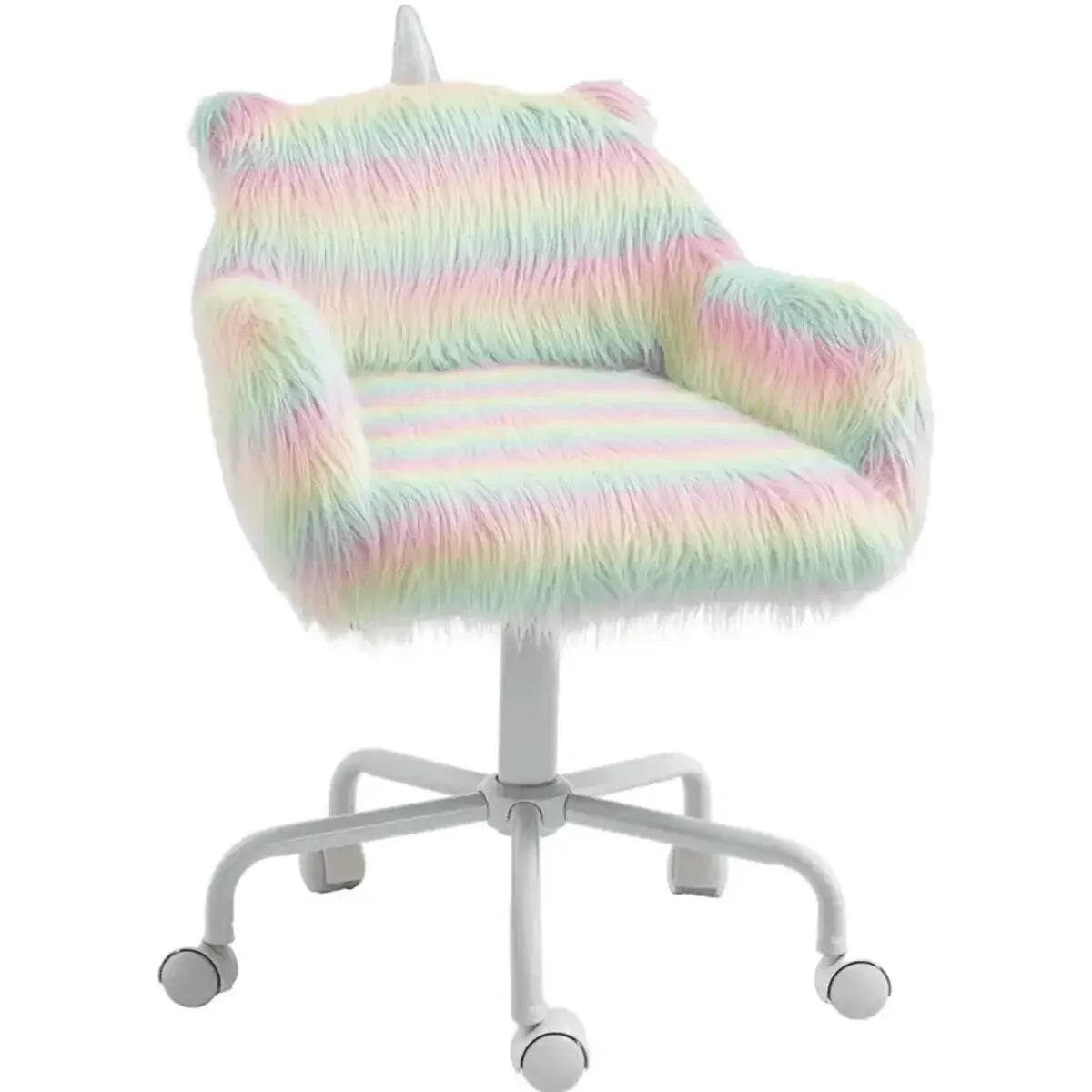 Angle. Rainbow - Fuzzy Unicorn Desk Chair - Plush & Swivel Kids Office Seat - Floral; pink.