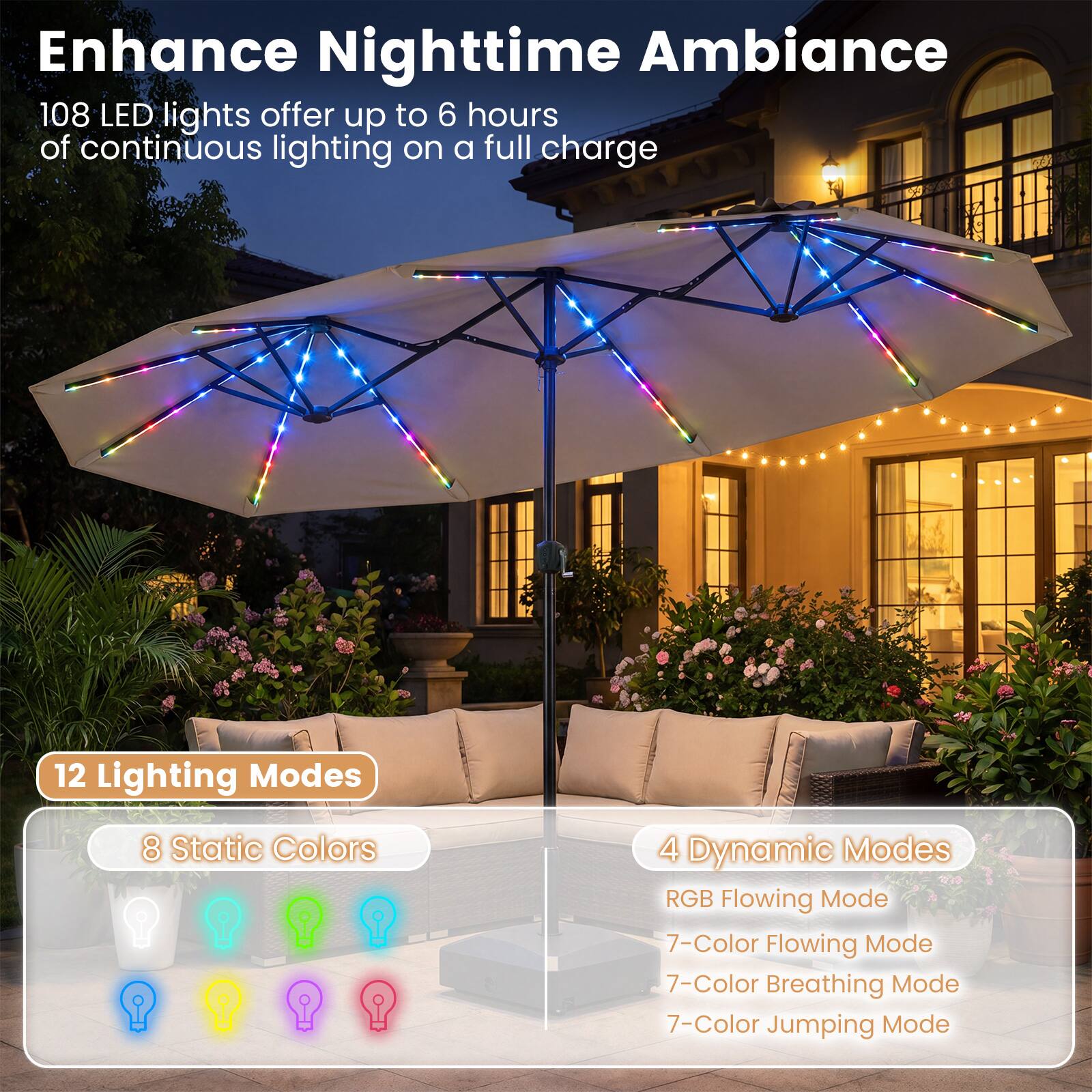 Enhance Nighttime Ambiance

108 LED lights offer up to 6 hours of continuous lighting on a full charge

12 Lighting Modes

8 Static Colors

4 Dynamic Modes

RGB Flowing Mode

7-Color Flowing Mode

7-Color Breathing Mode

7-Color Jumping Mode