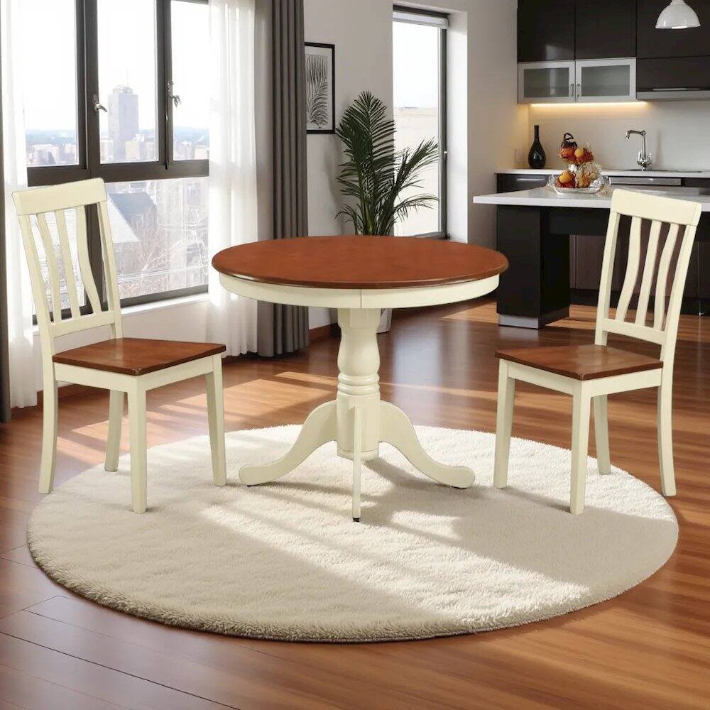 Left. FurniFact - Elegant 3-Piece High Top Table and Chairs Set – White and Brown Finish - Buttermilk & Cherry.