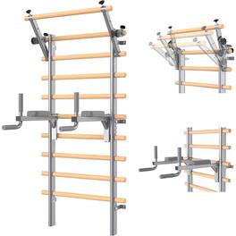 Pooboo - Swedish Ladder Wall-Mounted Gym System with Pull-Up Bar&Dip Station for Strength,Stretching&Flexibility - Wood grain
