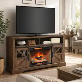 RYHNUYNE - 60 Inch Electric Fireplace Media Center With Door Sensor, Finish For Living Room Storage Decor - Reclaimed Barnwood