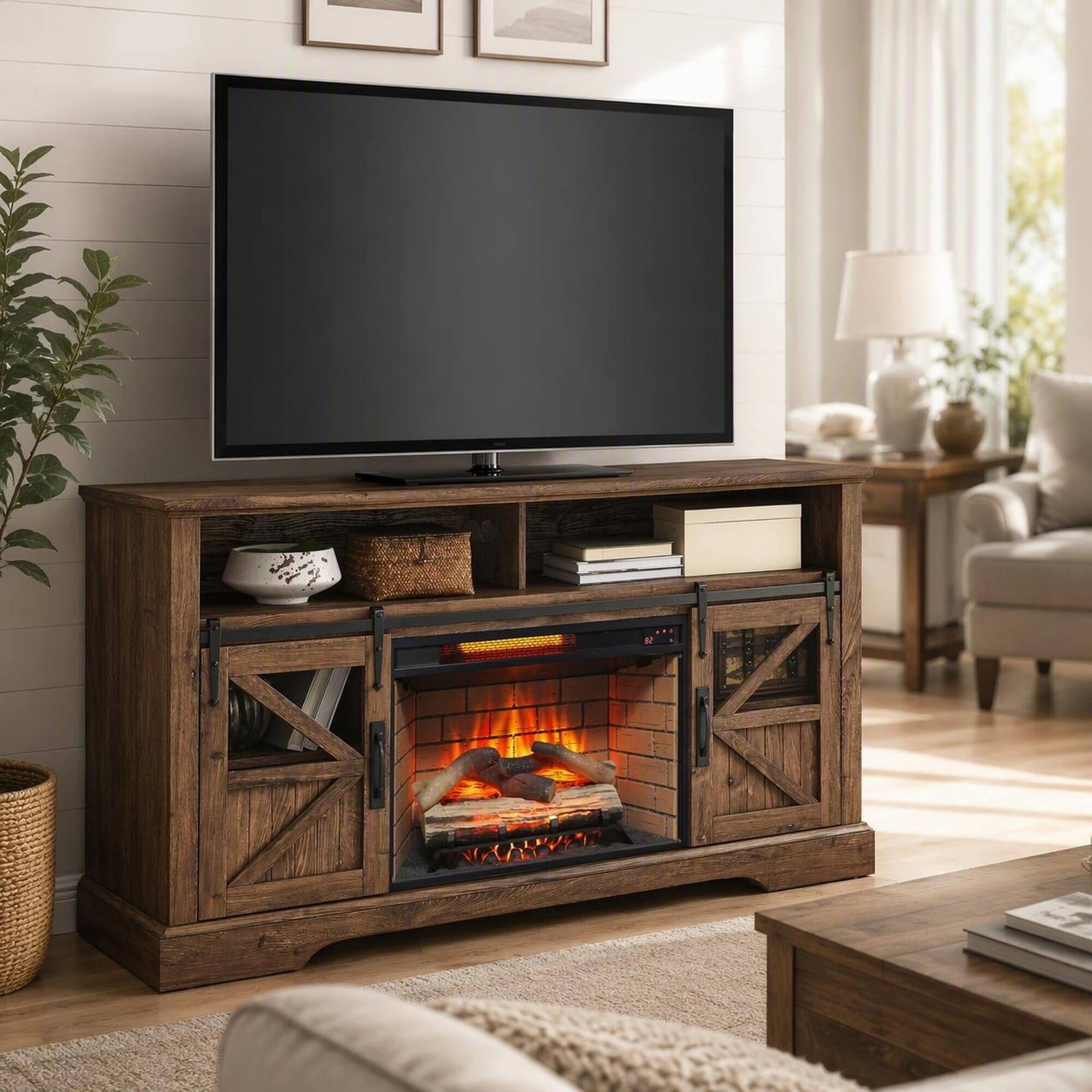Front. RYHNUYNE - 60 Inch Electric Fireplace Media Center With Door Sensor, Reclaimed Barnwood Finish For Living Room Storage Decor - Reclaimed Barnwood.