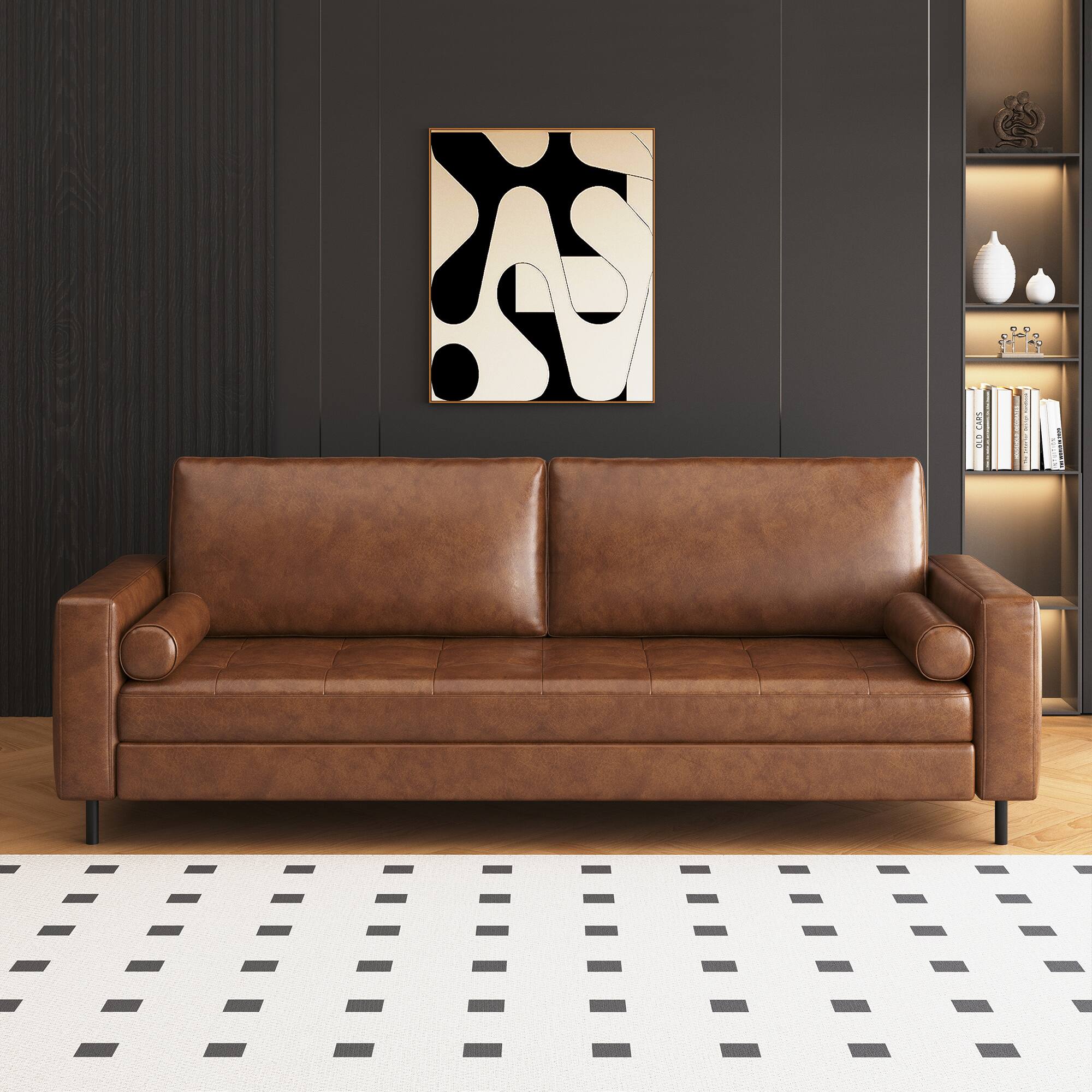 Angle. luck idea - 80.31" Vintage High-End Oil-Waxed Leather Sofa with Solid Frame for Living Room - Brown.