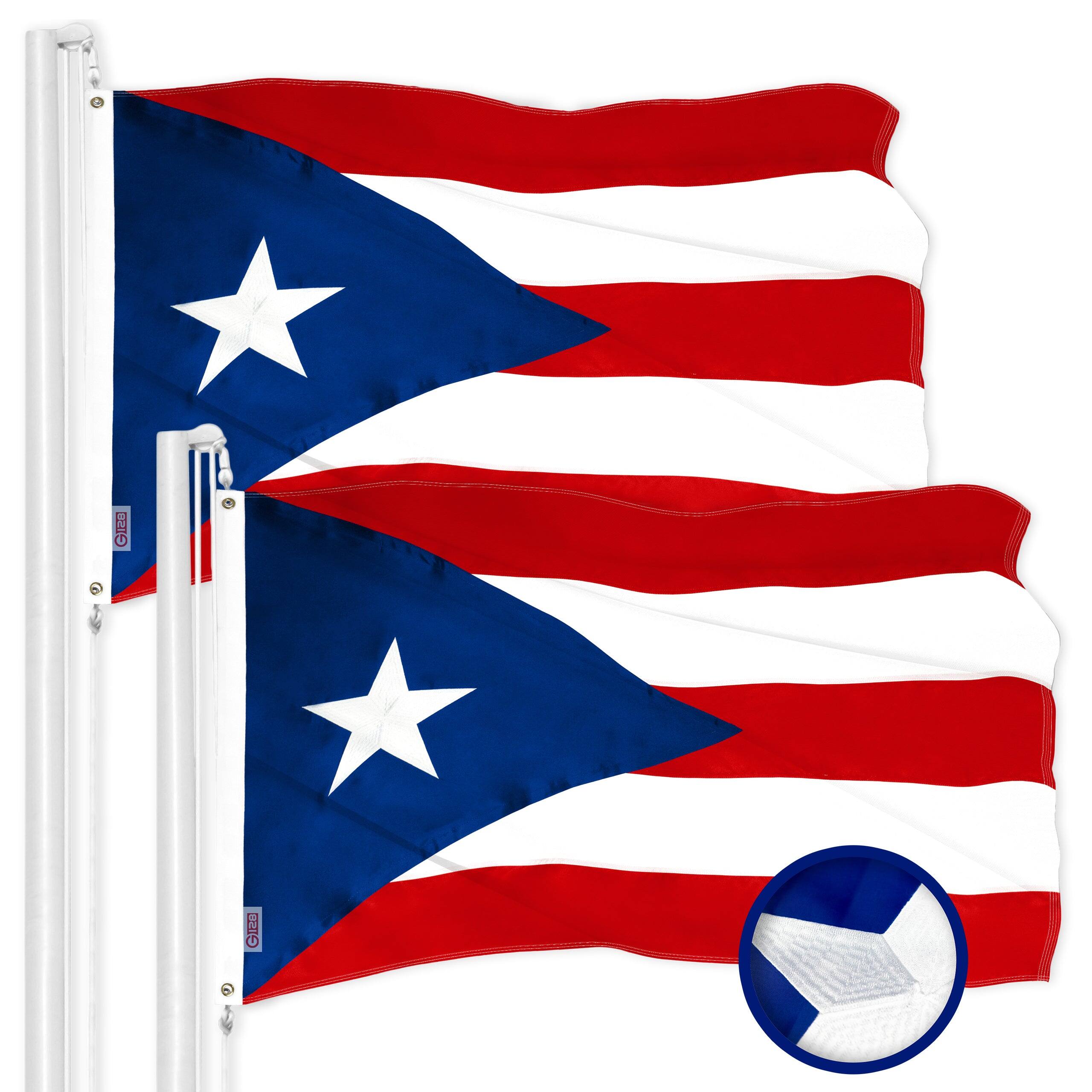 G128 - Puerto Rico Flag 2-Pack, 2 x 3 ft Embroidered 300D Polyester with Brass Grommets - Assorted Colors