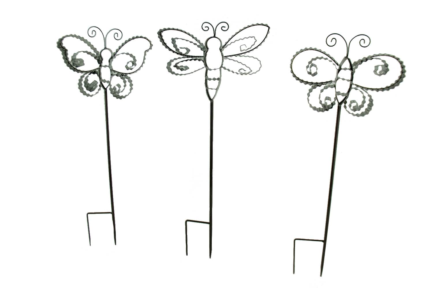 Zeckos - Corrugated Metal Ribbon Butterfly Garden Stakes Set of 3 - Silver
