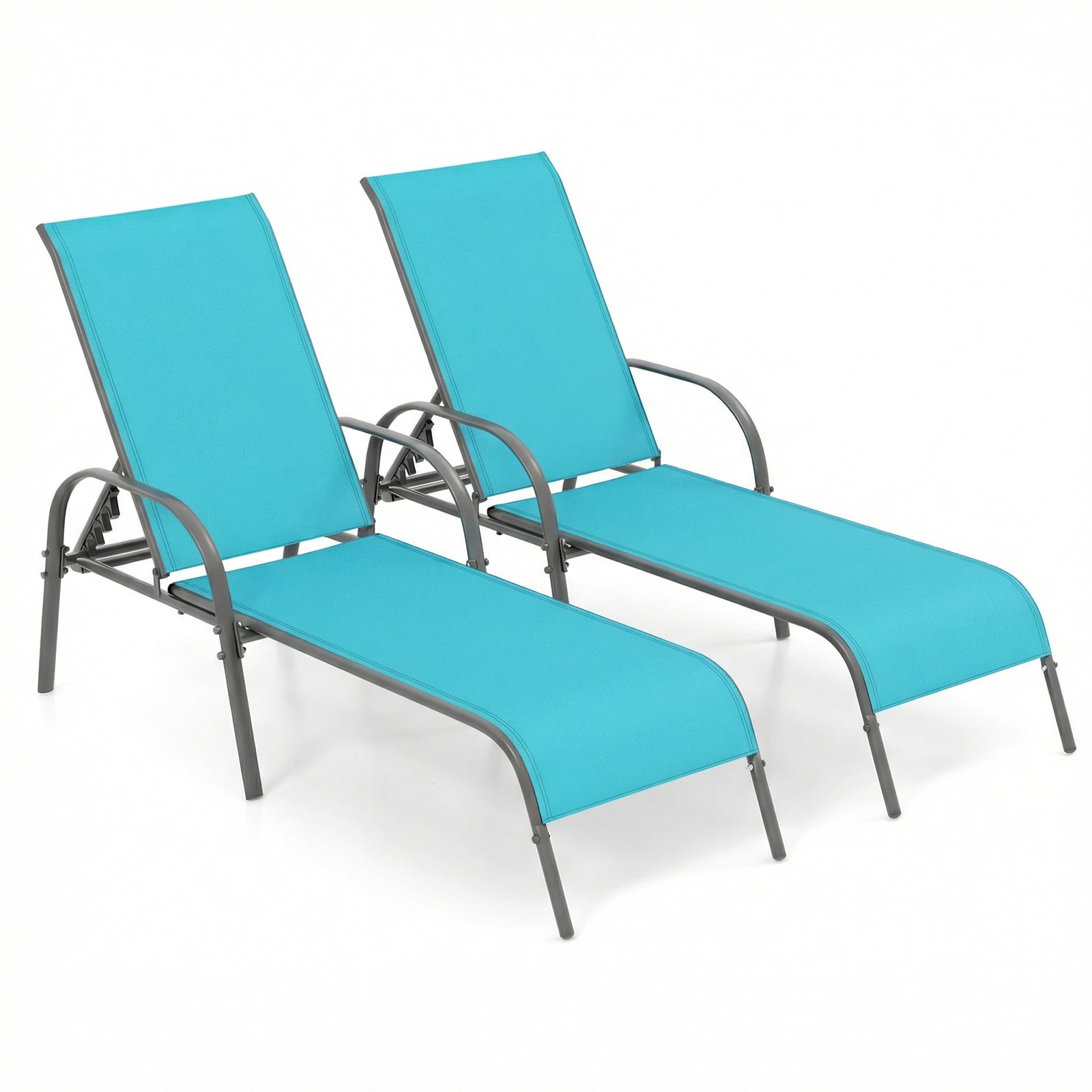 Costway - 2 PCS Patio Lounge Chair Chaise with Adjustable Reclining Armrest - Turquoise